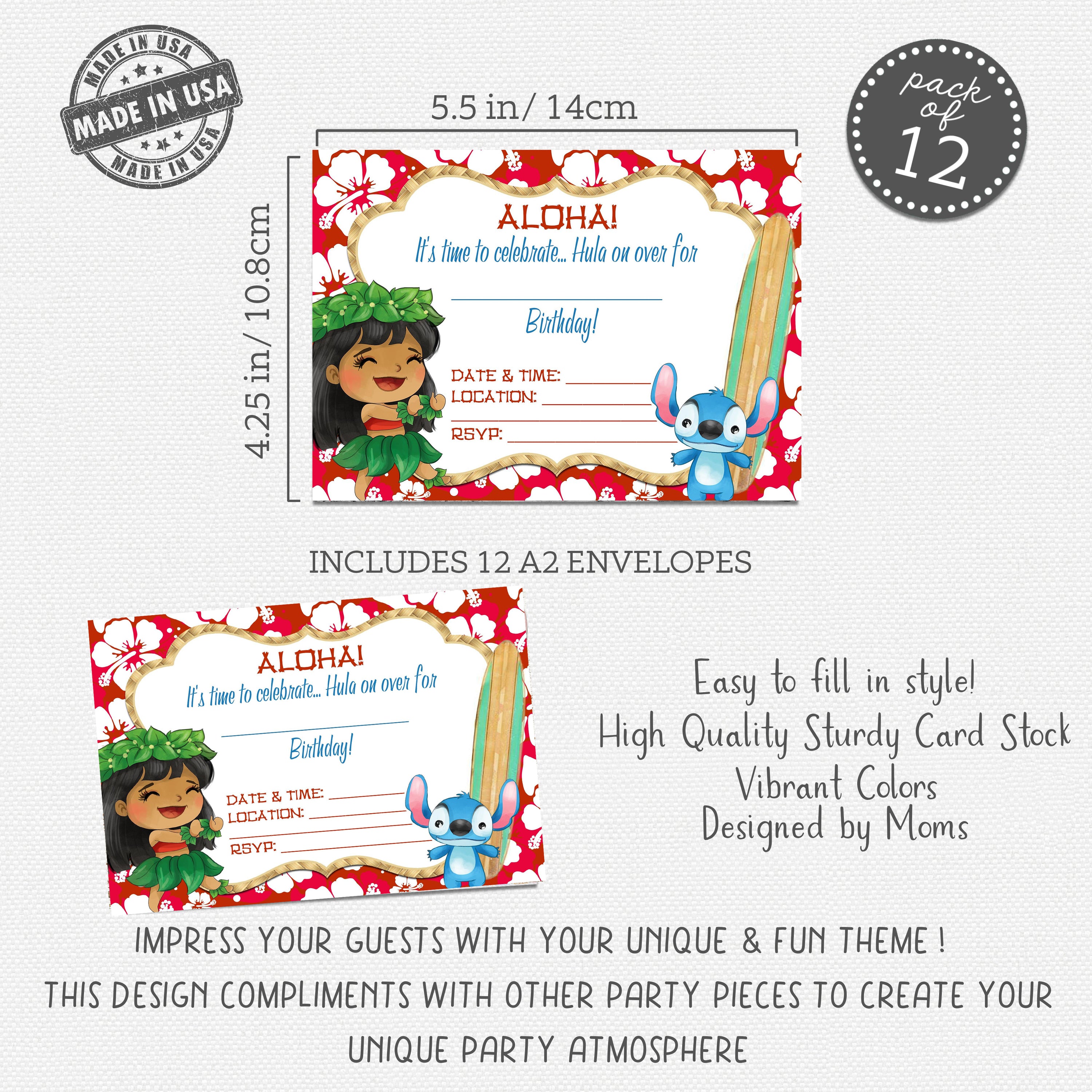 Hawaiian Luau Birthday Invitations Set of 12 — Aloha Tropical Party Supplies with Envelopes