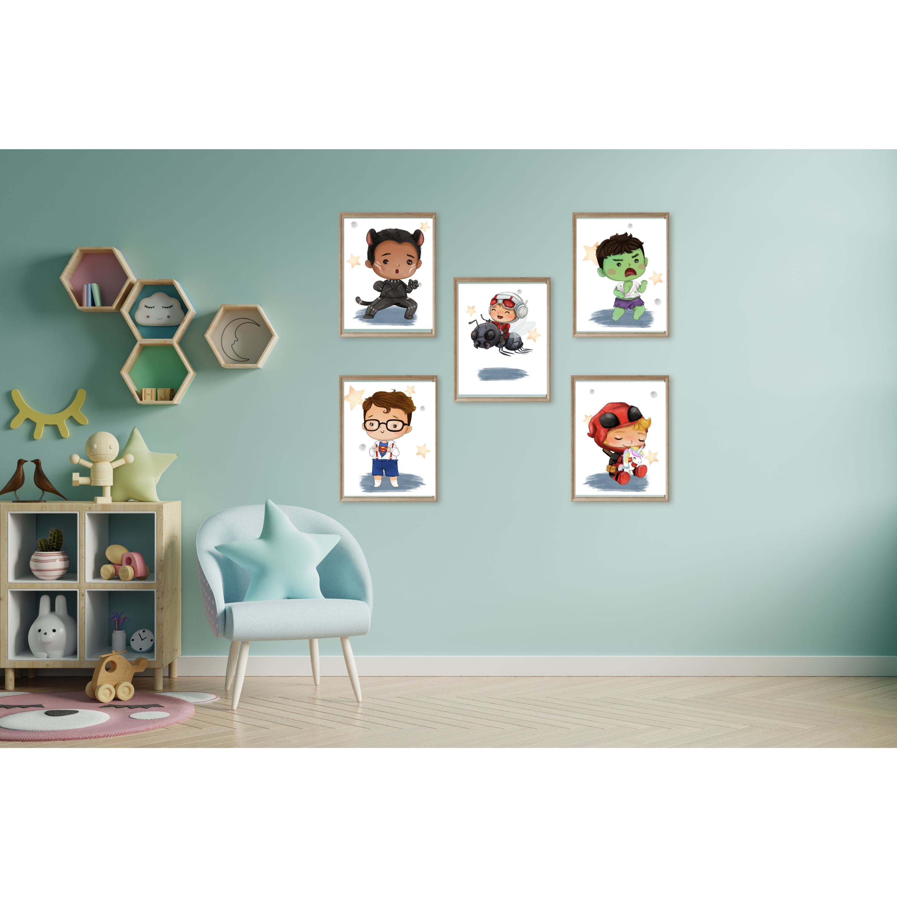 Children's room with framed illustrations on a light blue wall, hexagonal shelves, and a blue chair.