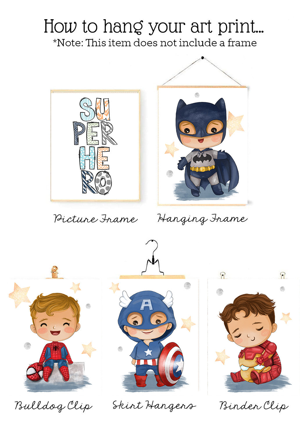 Illustrations of superhero-themed items including a picture frame, hanging frame, bulldog clip, shirt hangers, and binder clip on a white background.