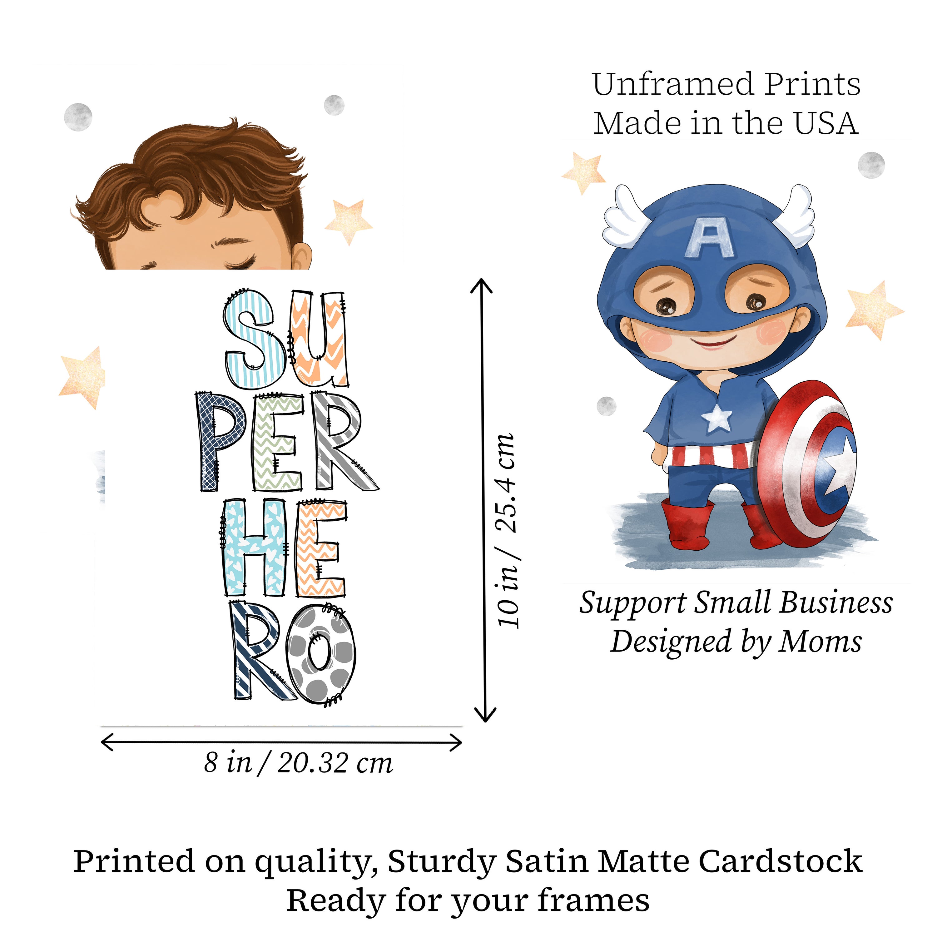 Superhero-themed wall decal with dimensions and product details on a white background
