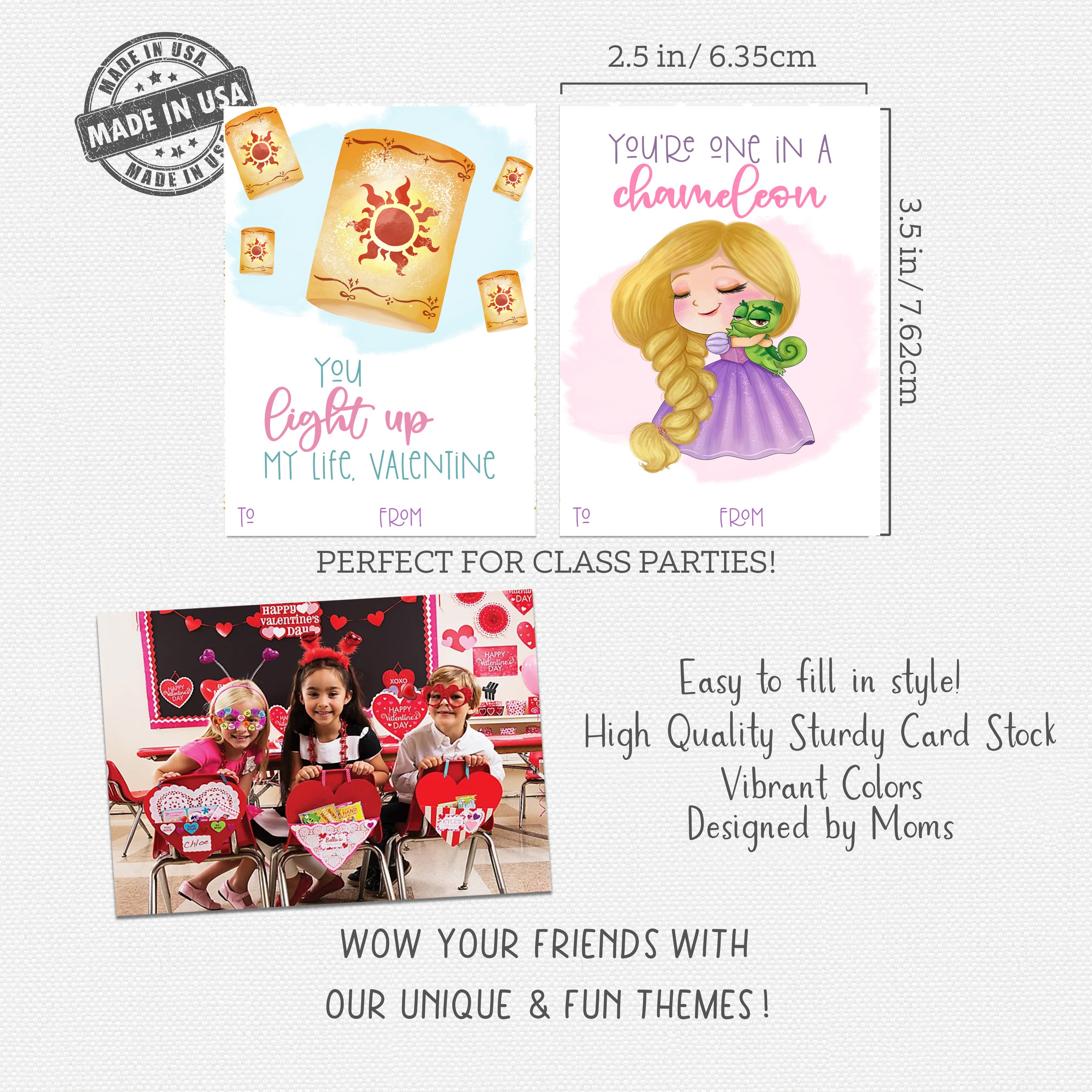 Princess Valentine's Day Cards for Kids - Classroom Set of 24