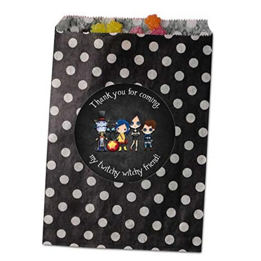 A black favor bag with a polka dot pattern and a circular decal in the center featuring a cartoon witch character and the text 'Thank you for coming, my twitchy witchy friend!'.