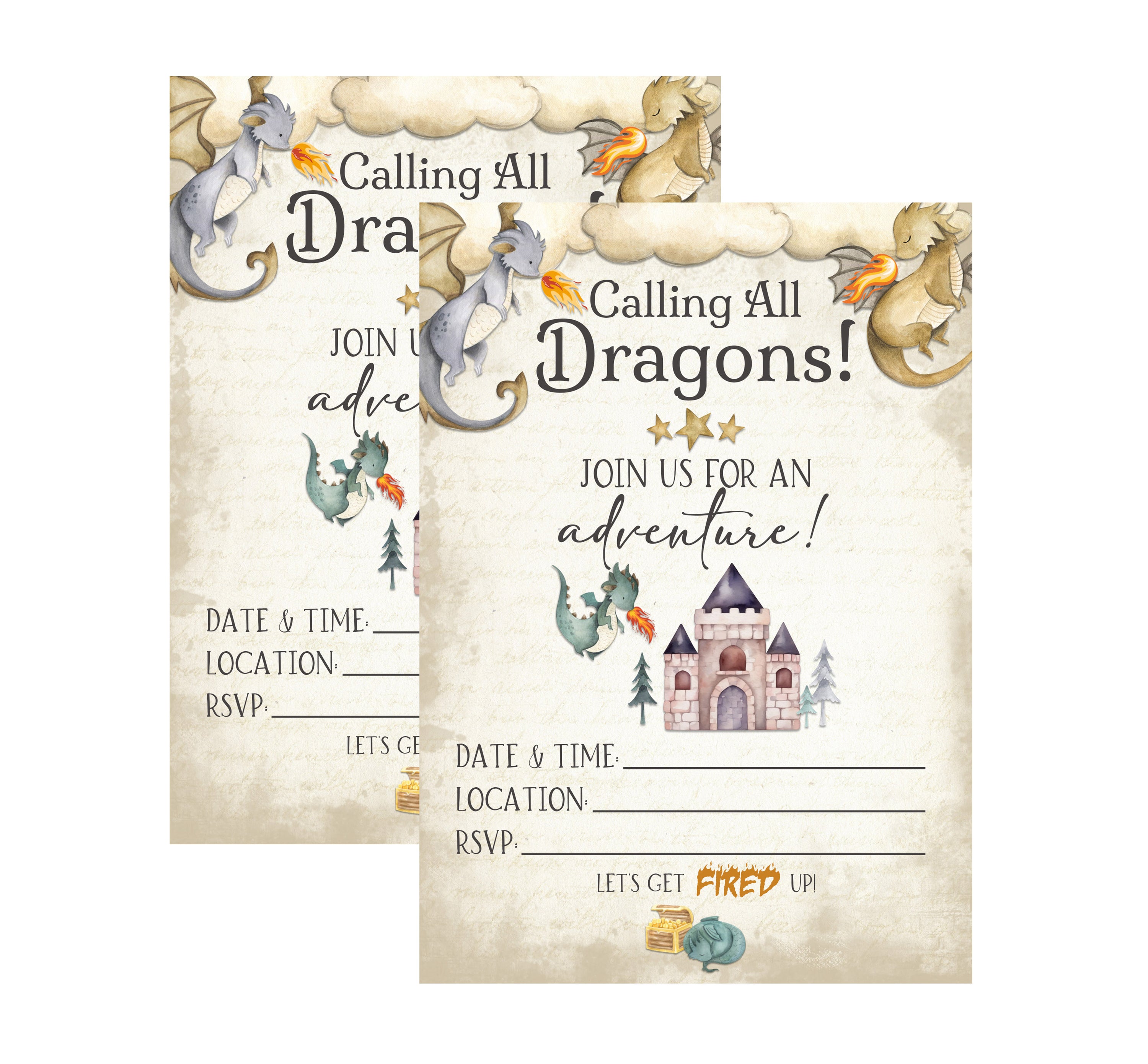 Watercolor dragon birthday party invitation featuring castles, treasure chests, and whimsical fantasy artwork in soft neutral storybook colors.