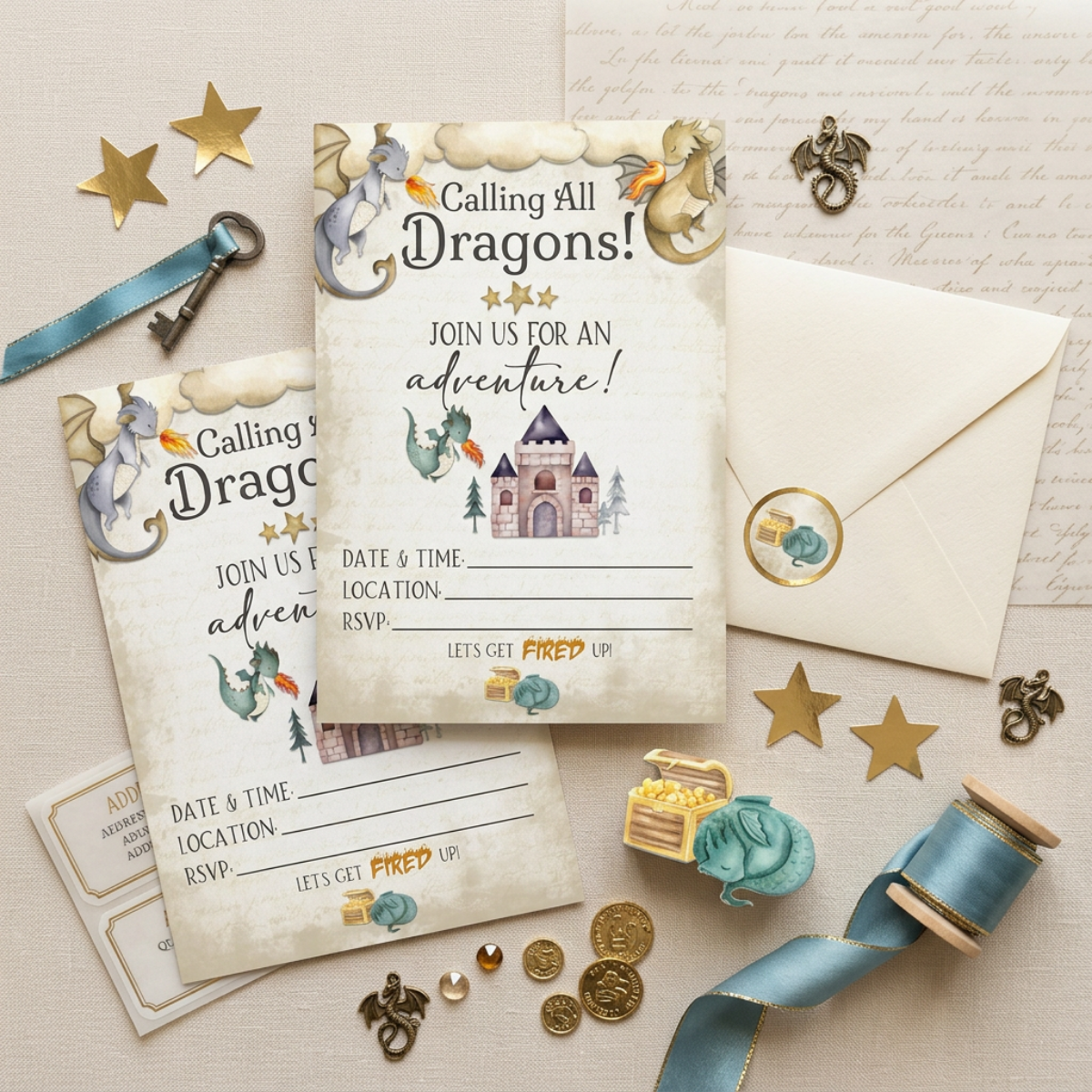 Dragon Party Decorations Bundle – Kids Fantasy Birthday 62pc Party Set with Invitations & Games