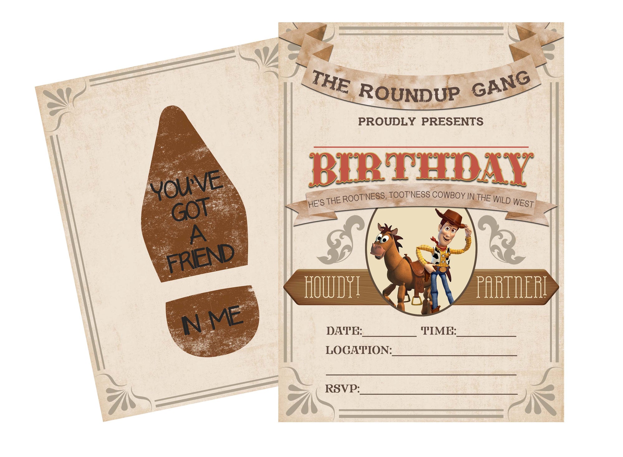 Birthday invitation card with cowboy theme and text 'You've got a friend in me' and 'The Roundup Gang'.