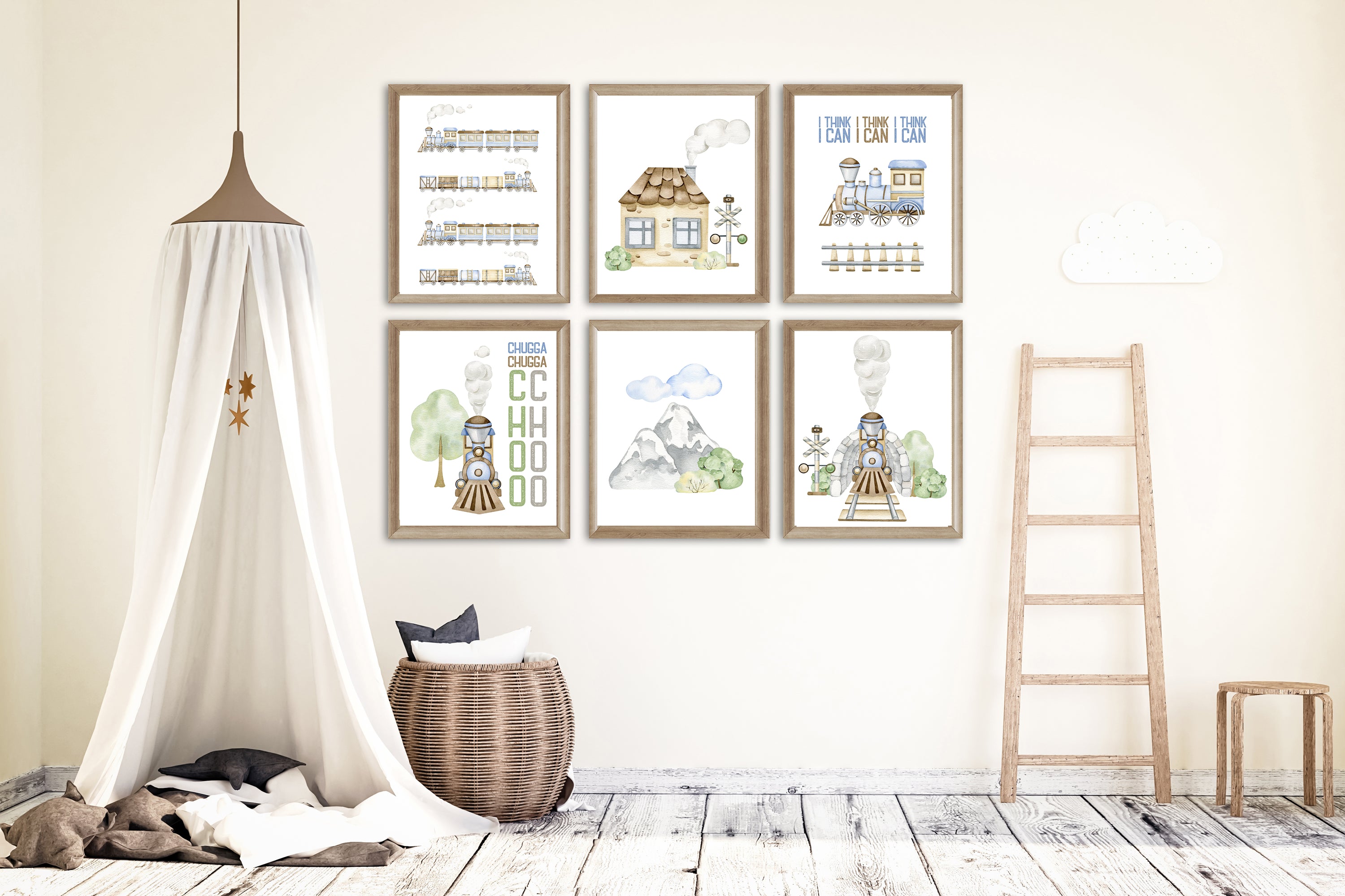Choo Choo Train Themed Wall Art Prints (Set of 6) Nursery Kids Room Decor 8x10in