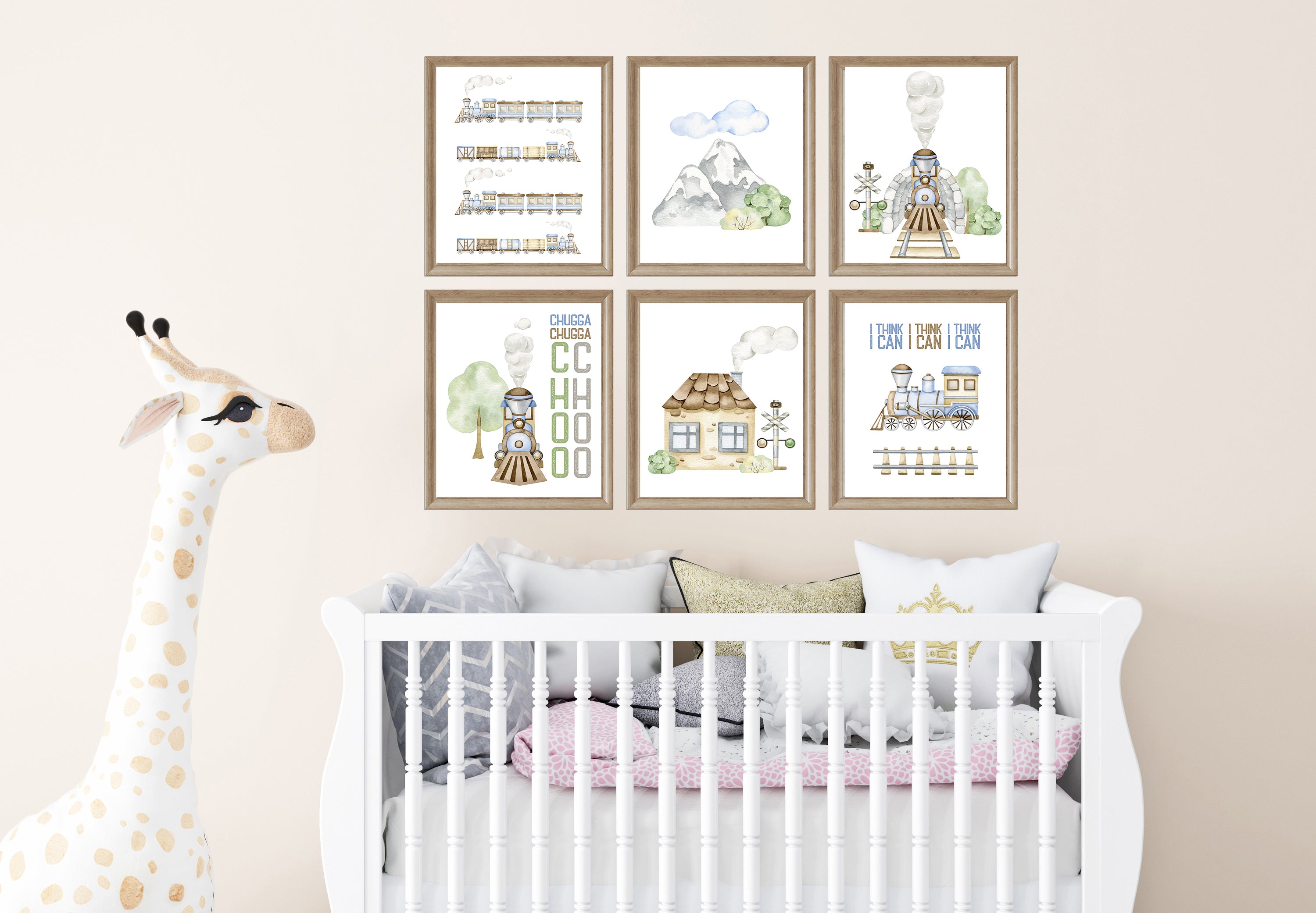 Choo Choo Train Themed Wall Art Prints (Set of 6) Nursery Kids Room Decor 8x10in