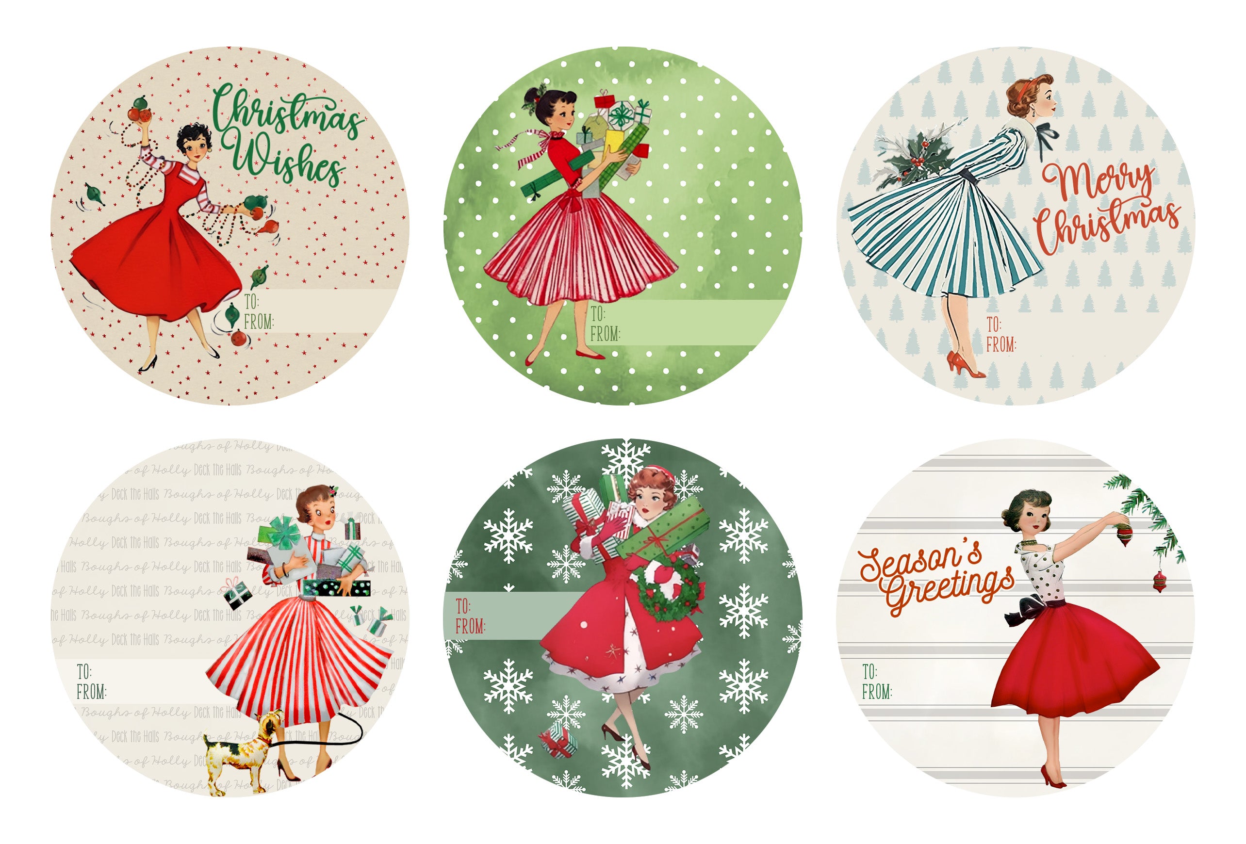 Set of six circular Christmas-themed coasters featuring vintage-style illustrations of a woman in a red dress.