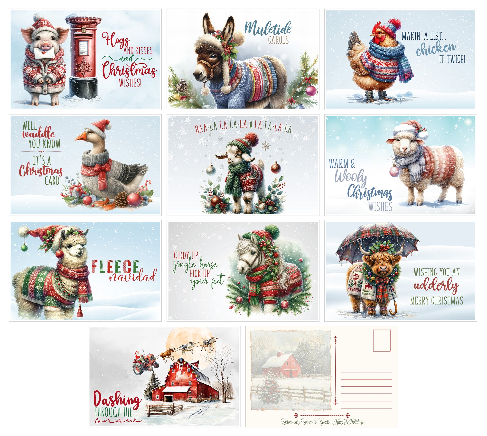 Holiday Farm Animal Themed Post Card Assortment (20 included) Greeting Mutipack