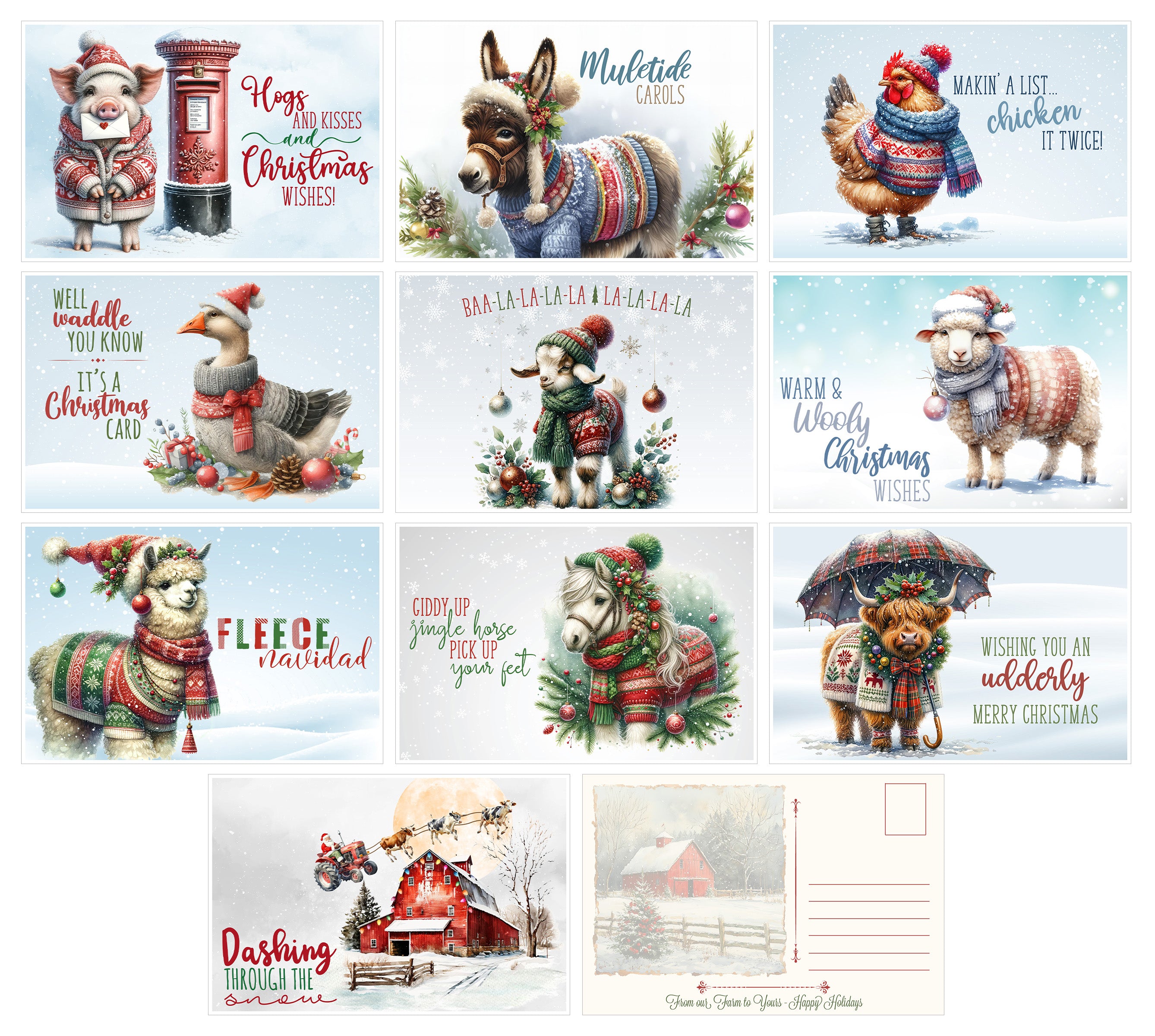 Holiday Farm Animal Themed Post Card Assortment (20 included) Greeting Mutipack