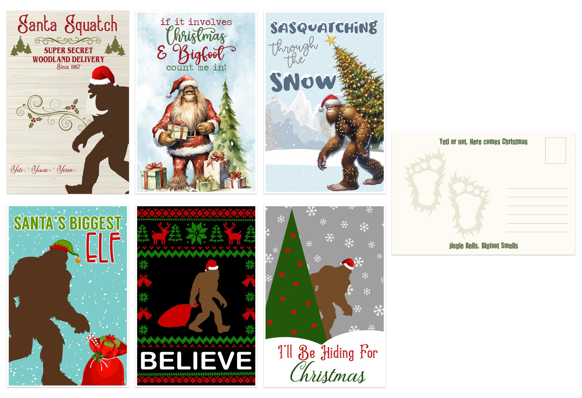 Santa Squatch Woodland Delivery - Holiday Christmas Themed Post Cards (24 included) Greeting Mutipack