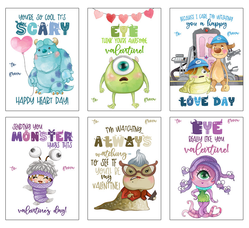 Six watercolor-style Valentine's Day greeting cards arranged in a 2x3 grid. Each card features a different cartoon monster or character with playful text such as 'You're so cool it's scary,' 'Eye think your awesome Valentine!,' and 'Because I care I'm happy you a happy love day.