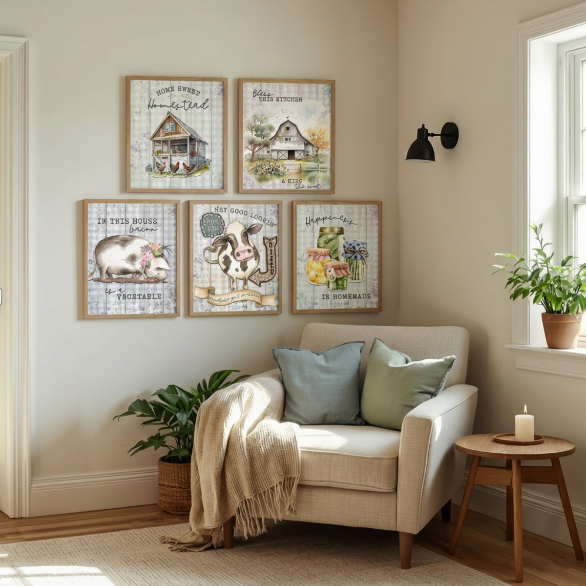 Bless This Kitchen & Kiss The Cook Farmhouse Wall Art Prints Set of 5