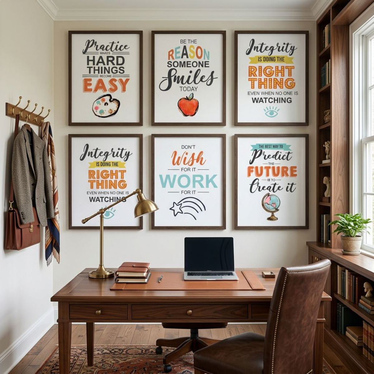 A styled home office interior showing six framed motivational wall art prints arranged in a 2x3 grid above a wooden desk with a laptop, lamp, and chair. The prints feature quotes like 'Practice Hard Things EASY' and 'Be the Reason Someone Smiles' in black, gray, orange, yellow, and teal typography with small illustrations including an apple, globe, and pencil.