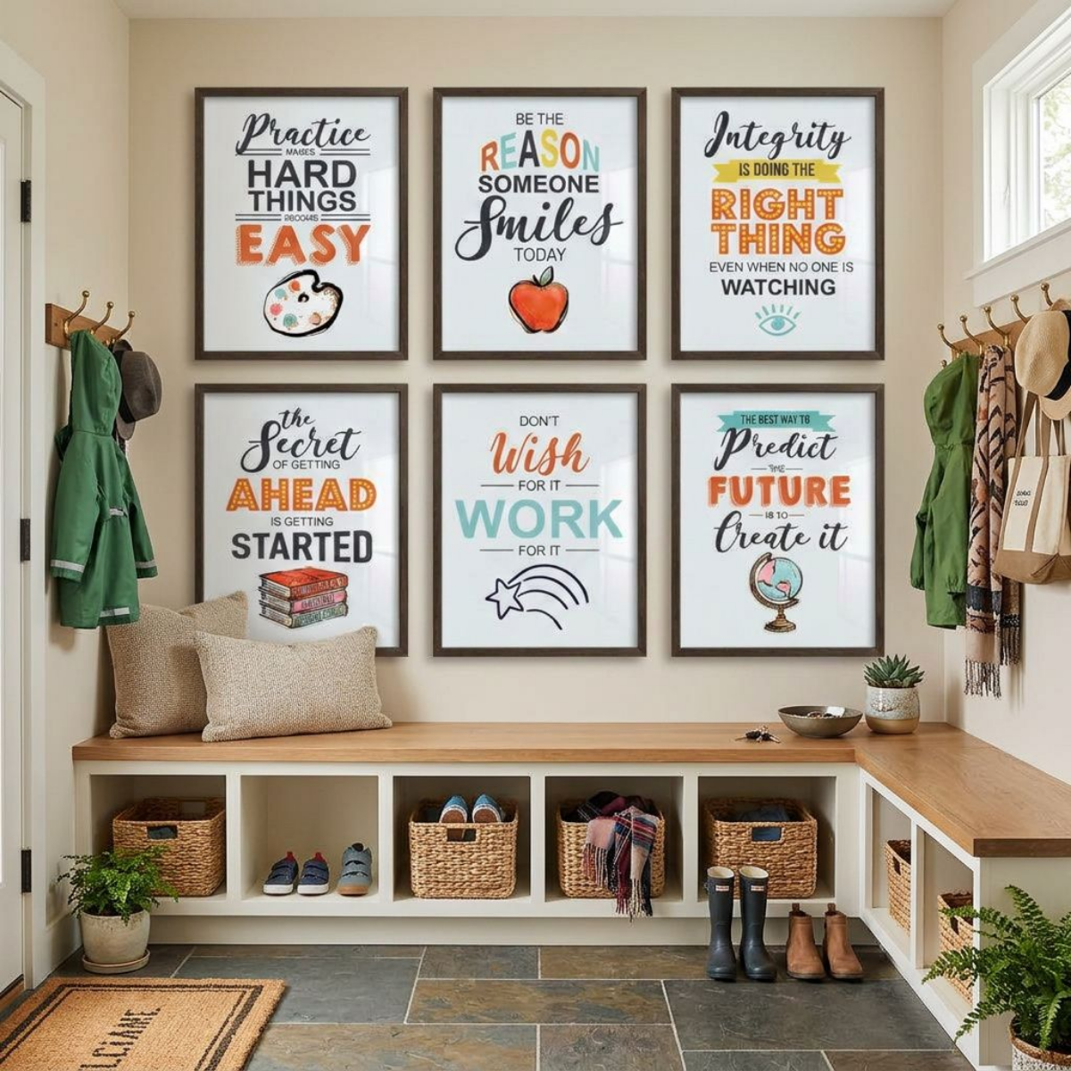 A set of six framed motivational art prints with colorful text and illustrations, displayed on a beige wall above a wooden bench in a bright, modern entryway.