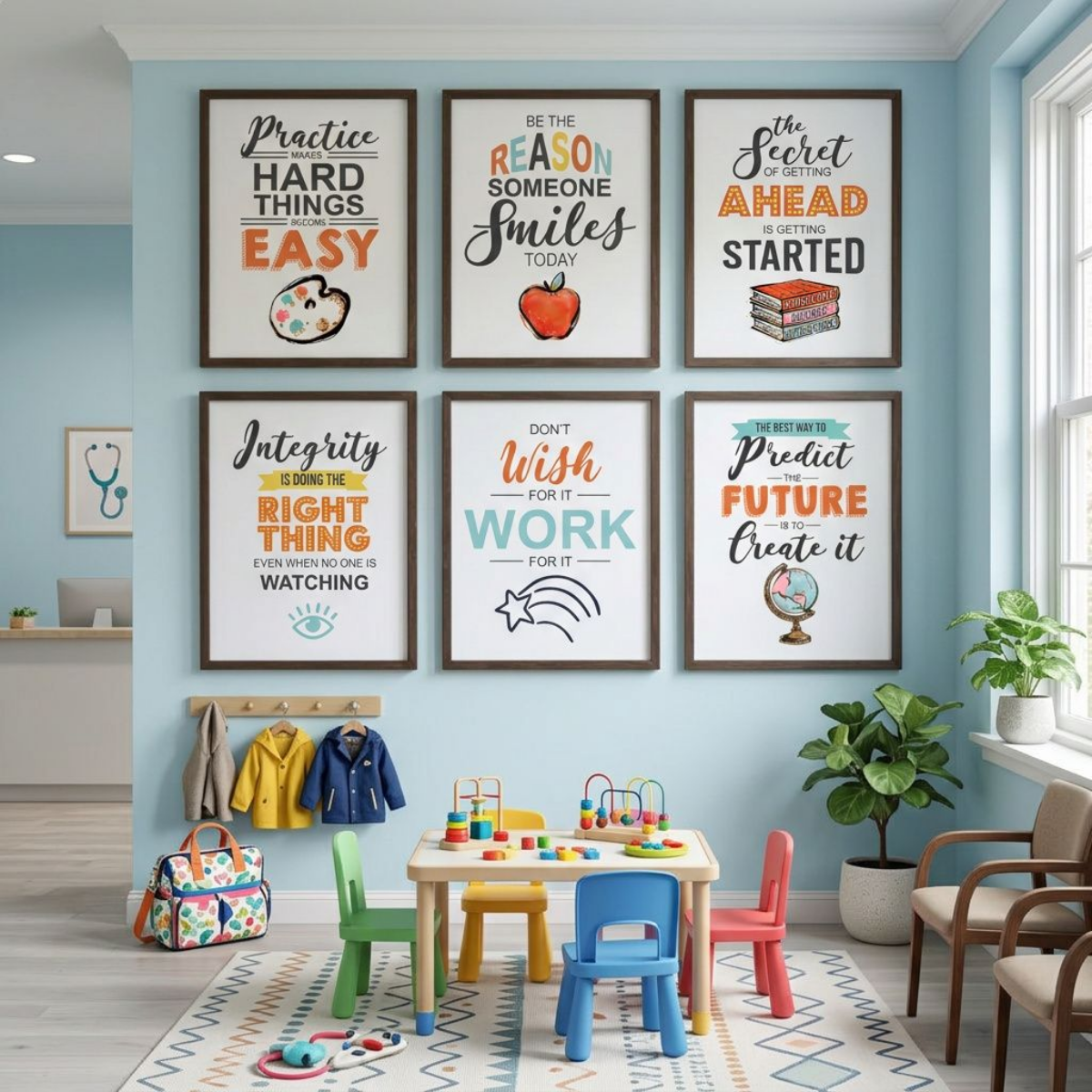 A styled children's playroom corner with six framed motivational wall prints above a small colorful toy table and chairs. The room has light blue walls, a window on the right, potted plants, and a patterned rug.
