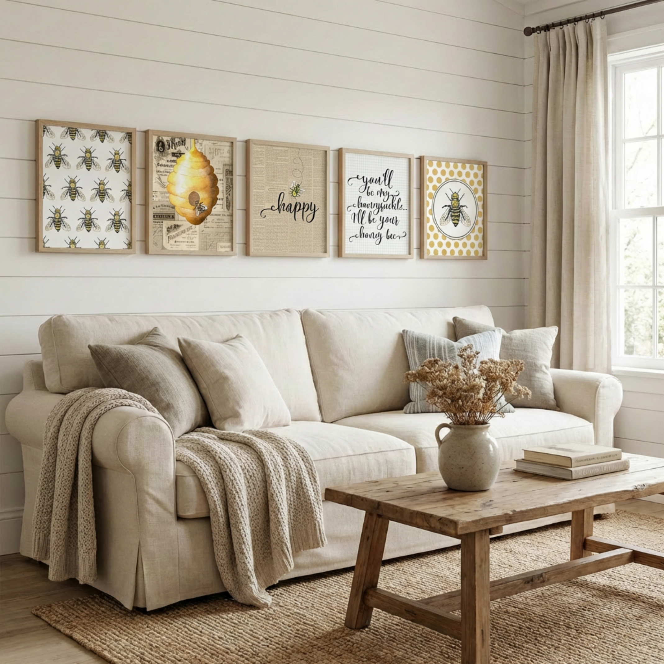 Cozy living room with beige sofa, wooden coffee table, and framed artwork on the wall.
