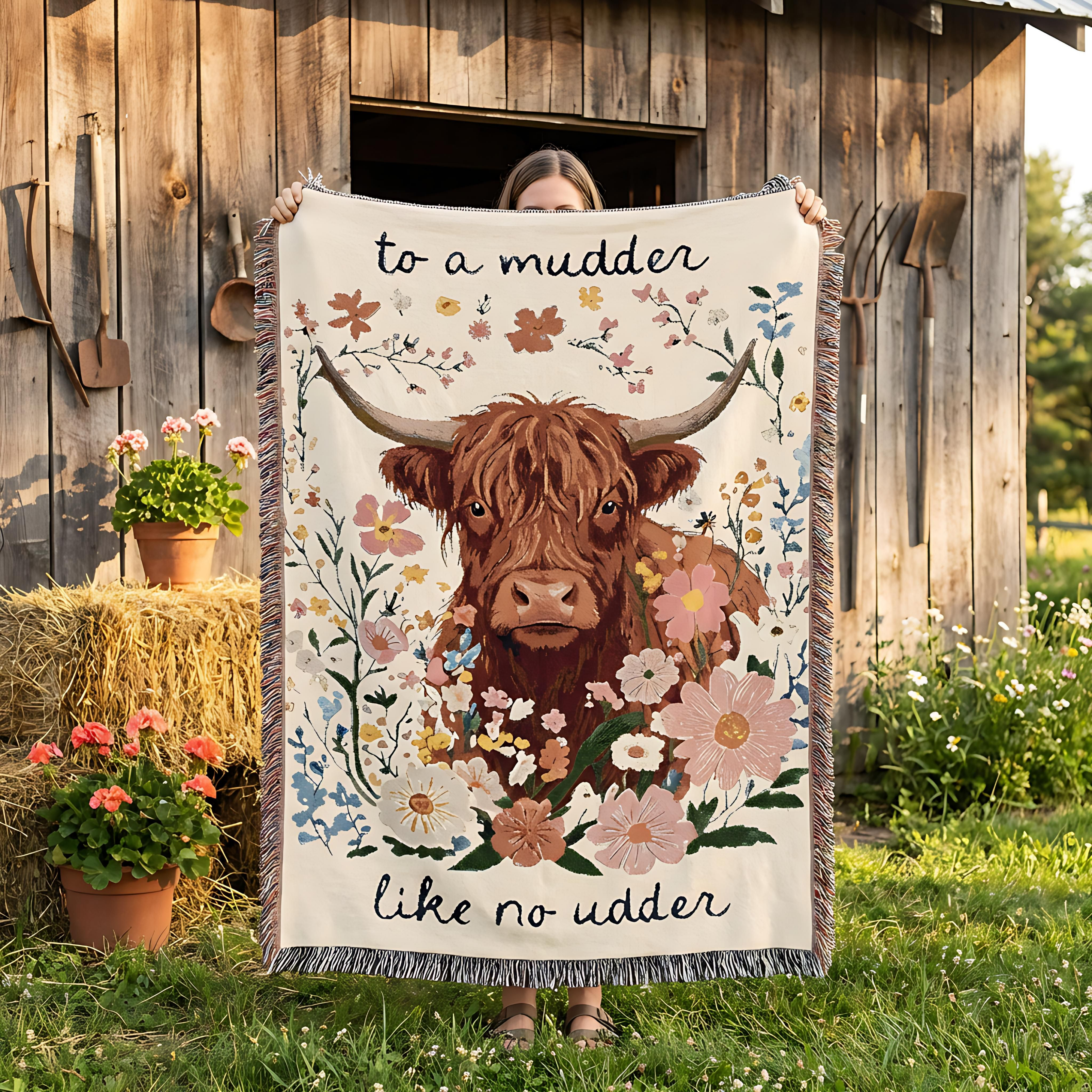 Person holding a decorative blanket with a highland cow design outdoors.