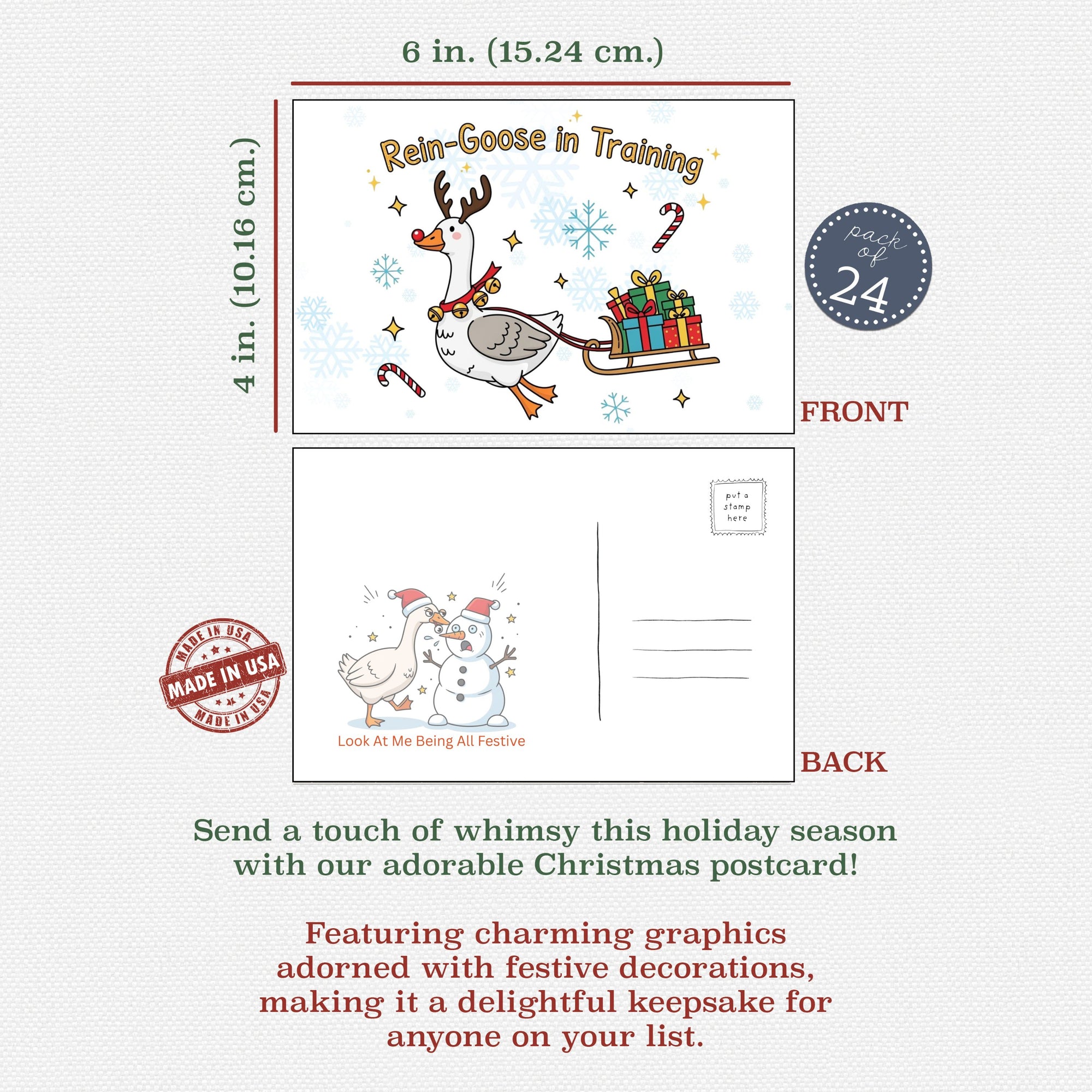 Christmas postcard with reindeer and gift design, showing front and back views.