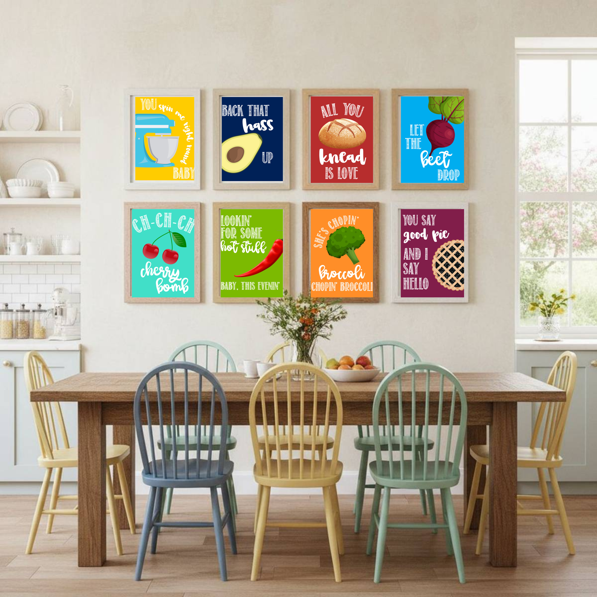 Colorful kitchen wall art above a wooden dining table with chairs.