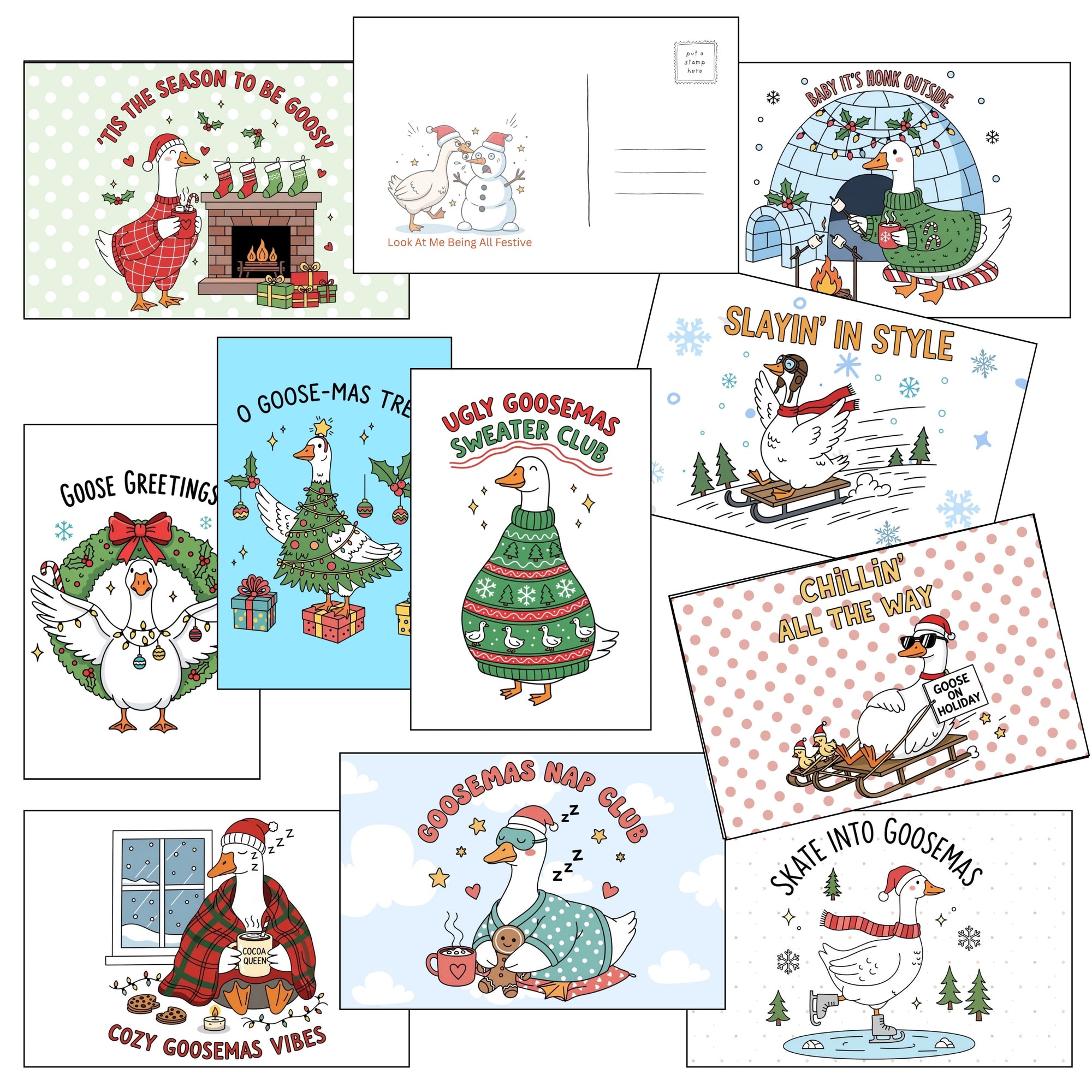 Collection of Christmas-themed cards with cartoon geese in various outfits and scenes.