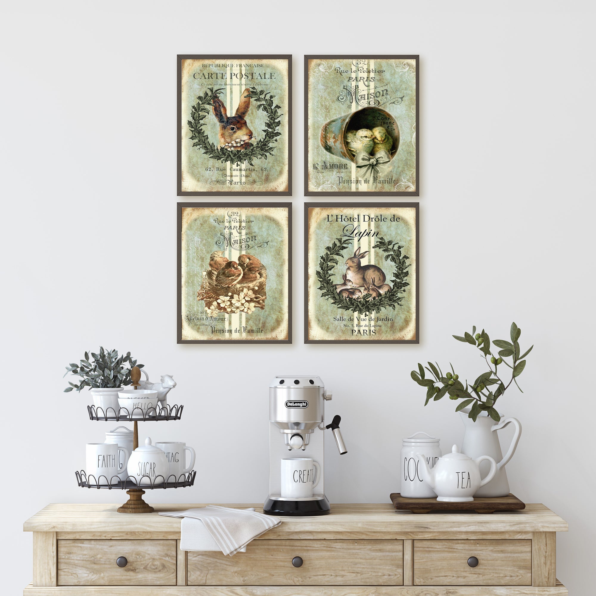 Decorative wall art with animal-themed prints above a wooden console table with kitchenware.