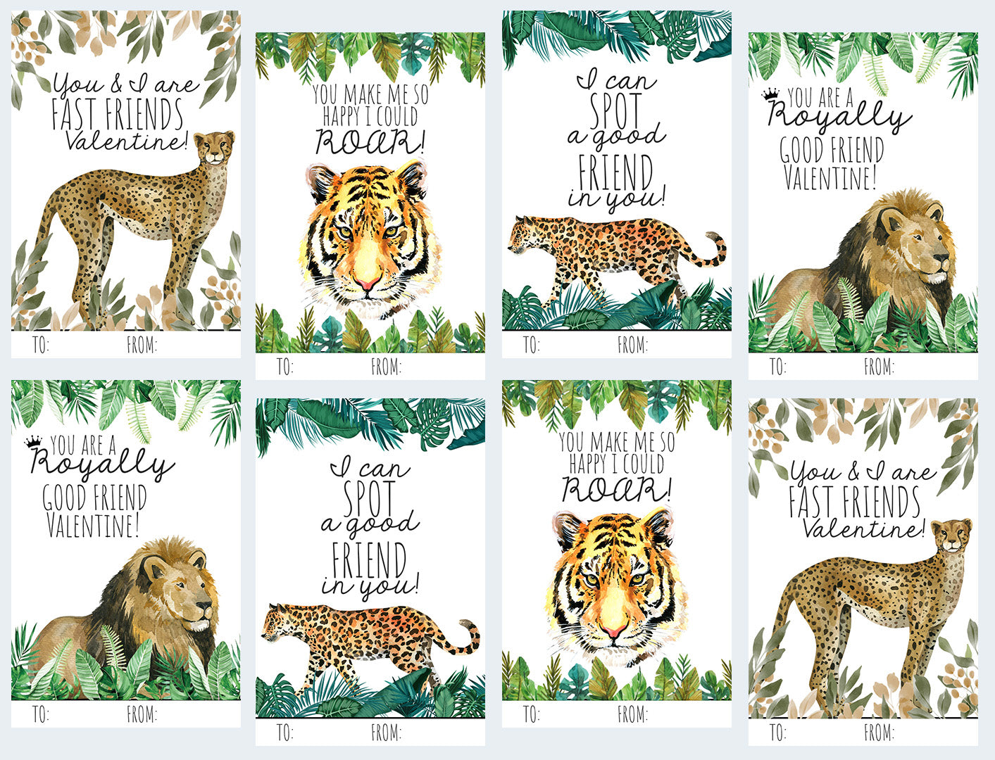 Set of Valentine's Day cards with animal illustrations and text on a white background