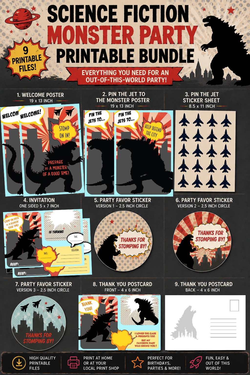 A promotional collage for a 'Science Fiction Monster Party Printable Bundle' showing multiple themed printable card and poster designs arranged on a dark textured background with sci-fi graphics and text.