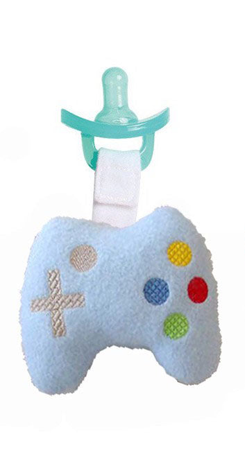 Blue plush toy resembling a gaming controller with a pacifier attached on a white background