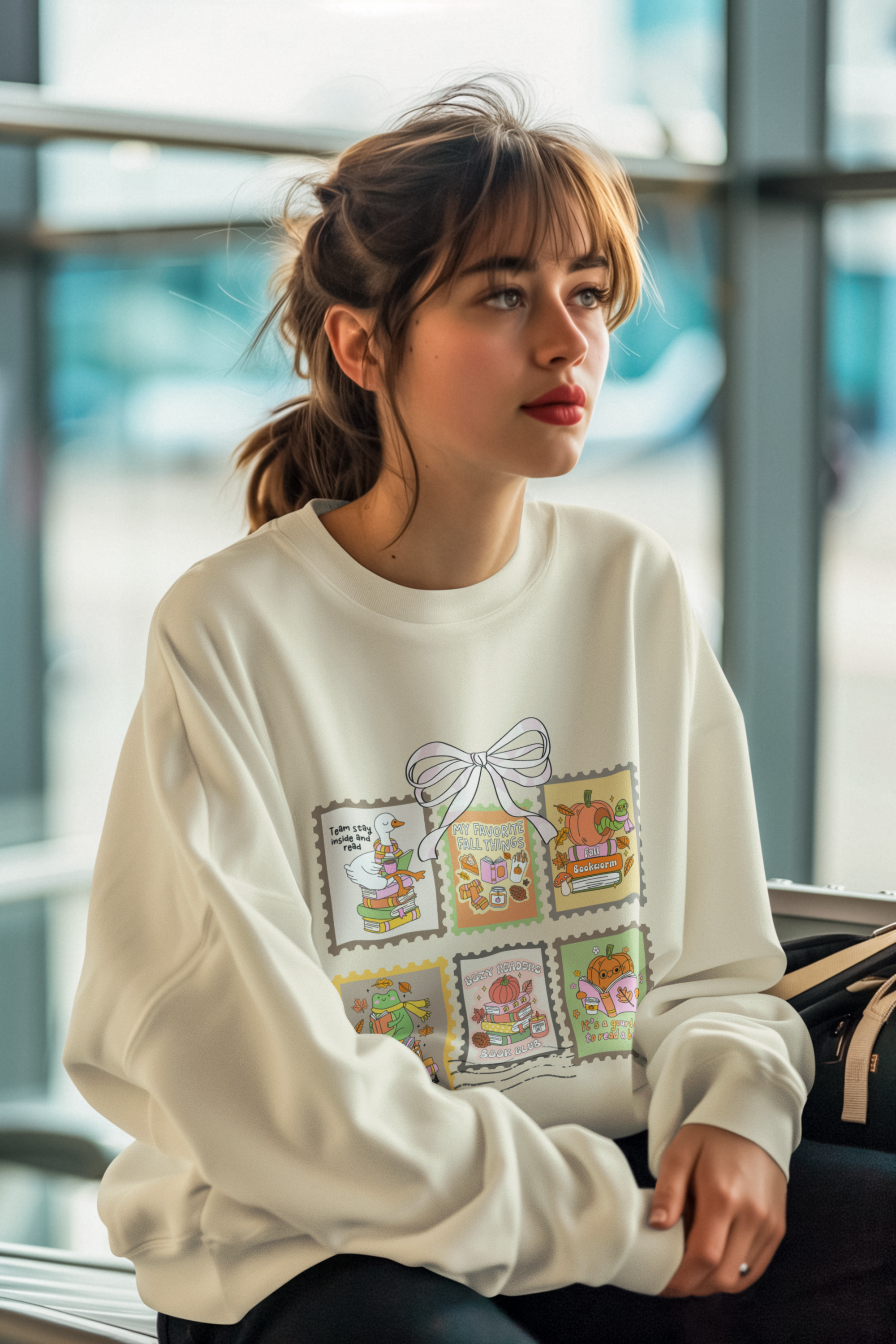 Vintage Fall Cozy Reading Book Club Stamp Design Crewneck Sweatshirt - Team Stay Inside and Read