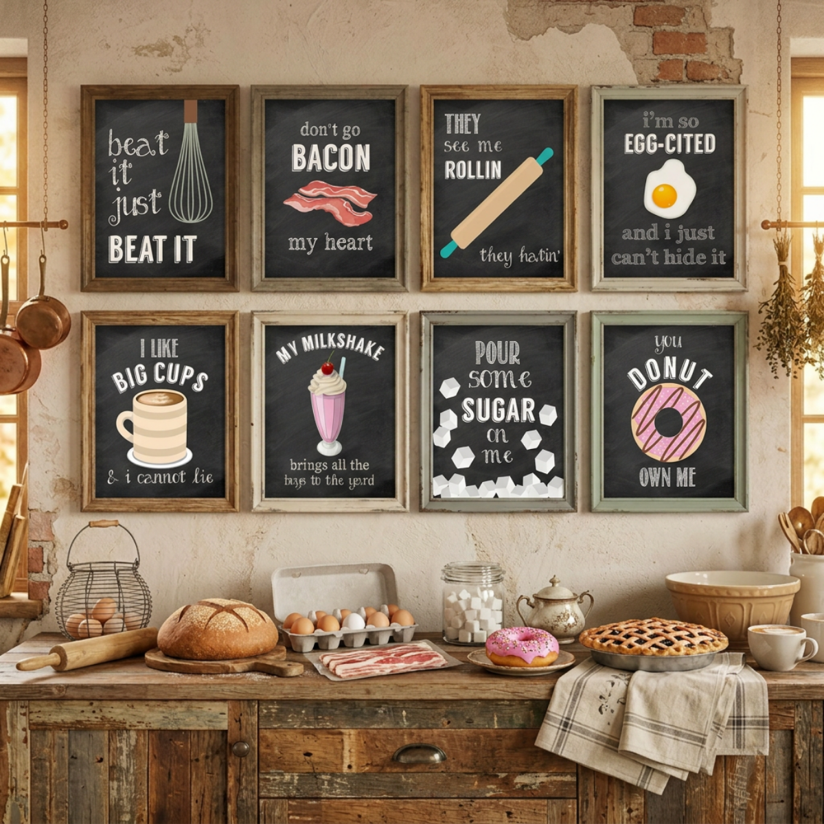 Decorative kitchen wall with framed quotes and a wooden counter with food items.