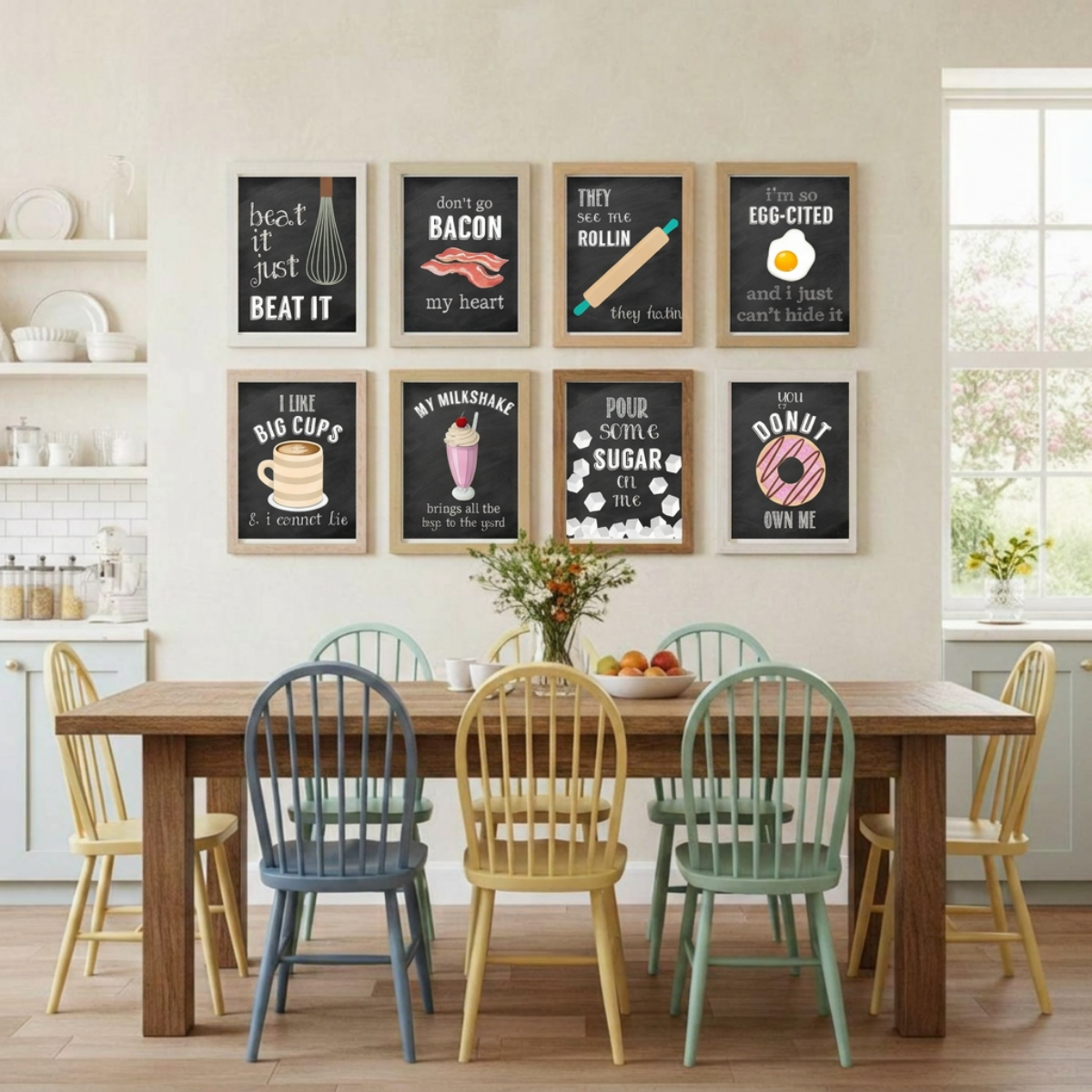 Dining room with a wooden table and colorful chairs, featuring framed kitchen-themed prints on the wall.