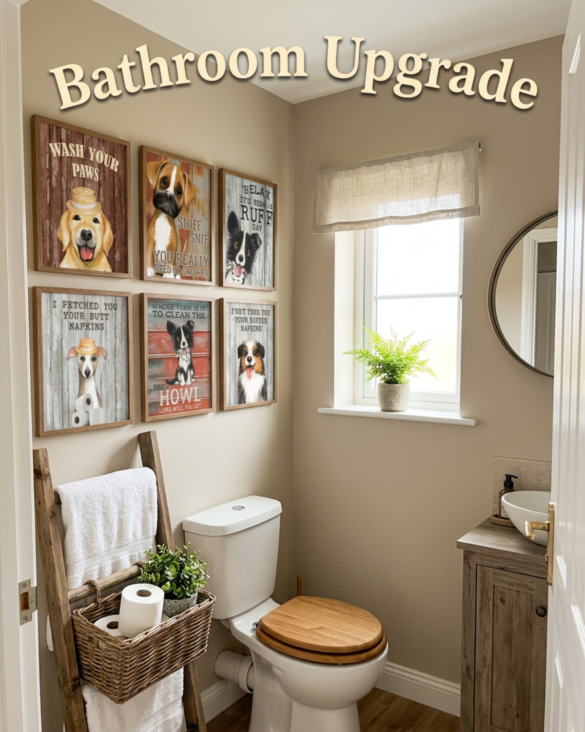 Bathroom with dog-themed wall art and wooden accents