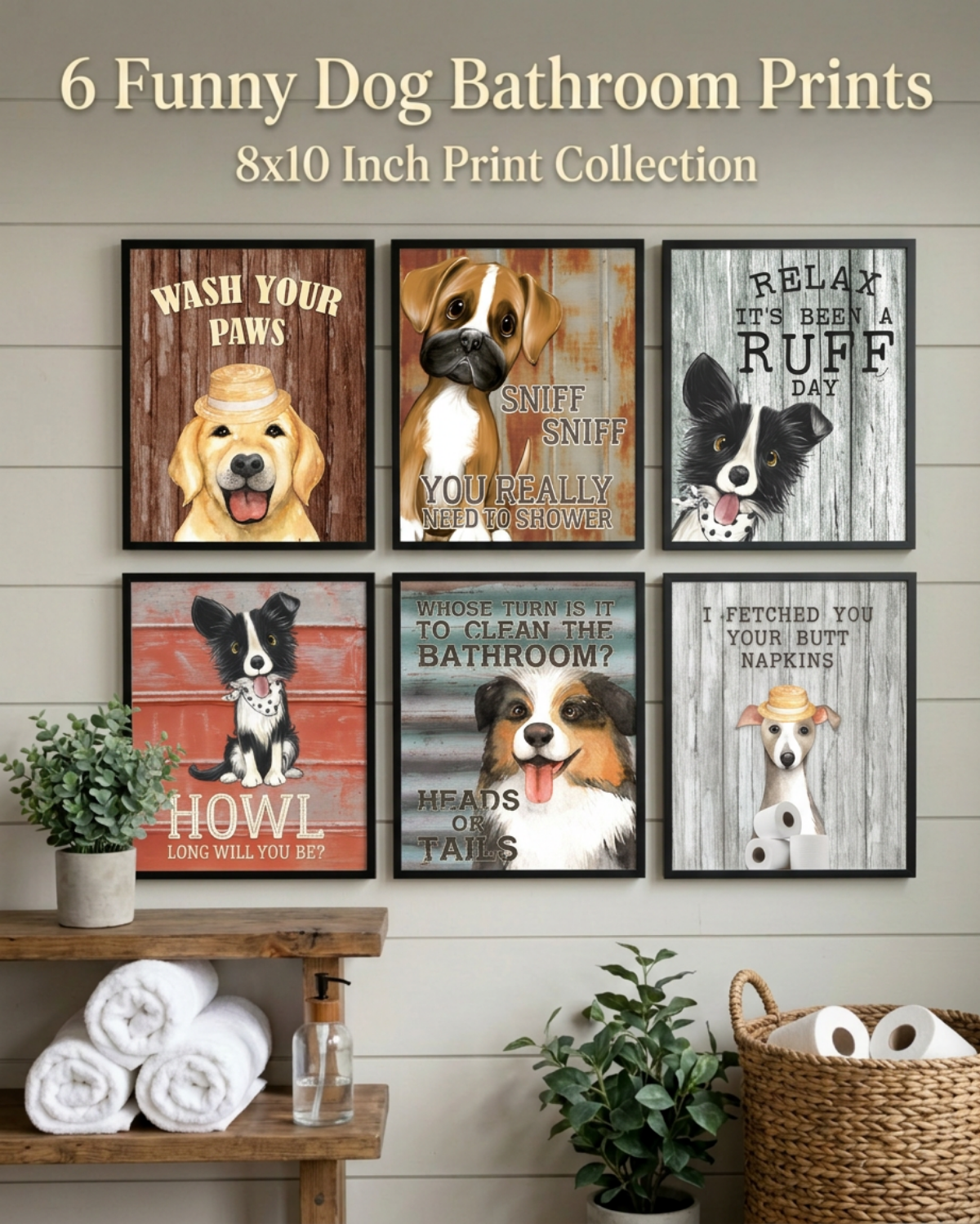 Set of six humorous dog-themed bathroom prints on a wall with decorative elements.