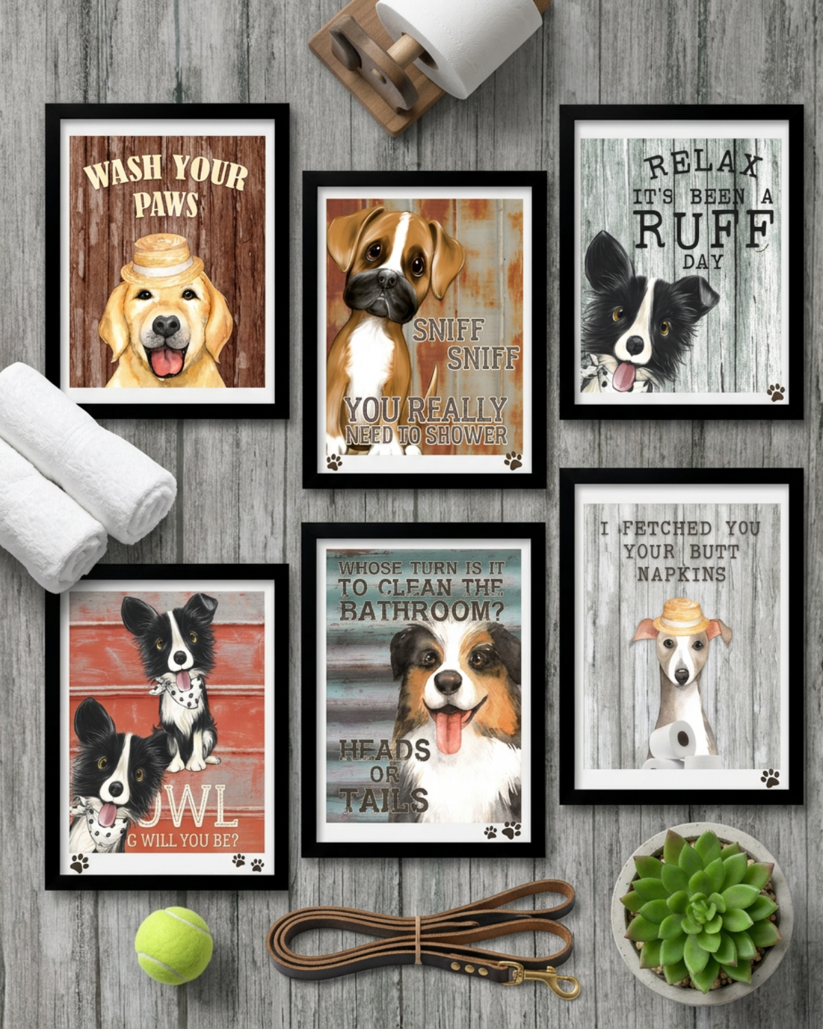 Set of framed dog-themed prints on a wooden wall with accessories below.