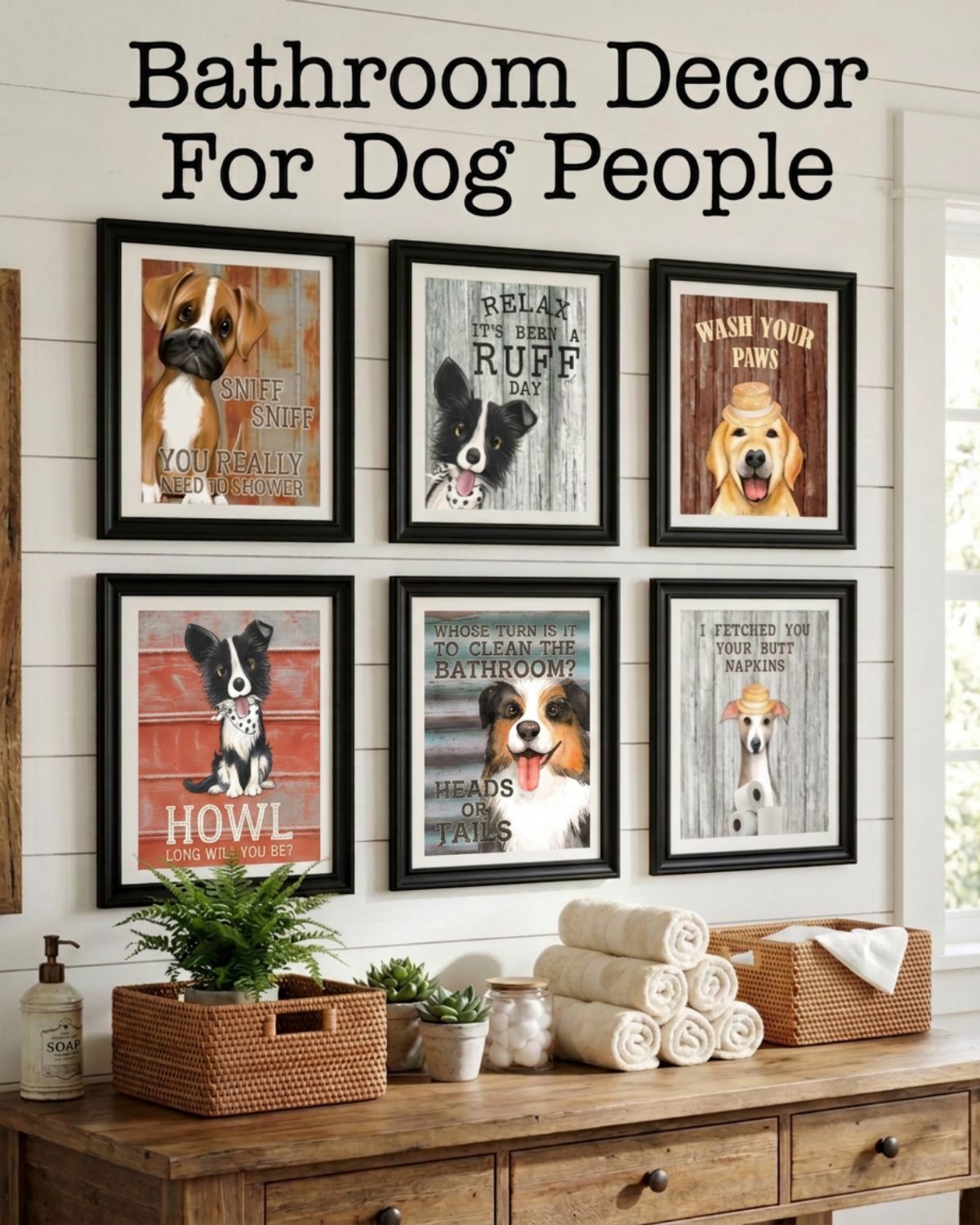 Funny dog bathroom print set of 6 farmhouse wall decor dog lover gift premium matte art prints