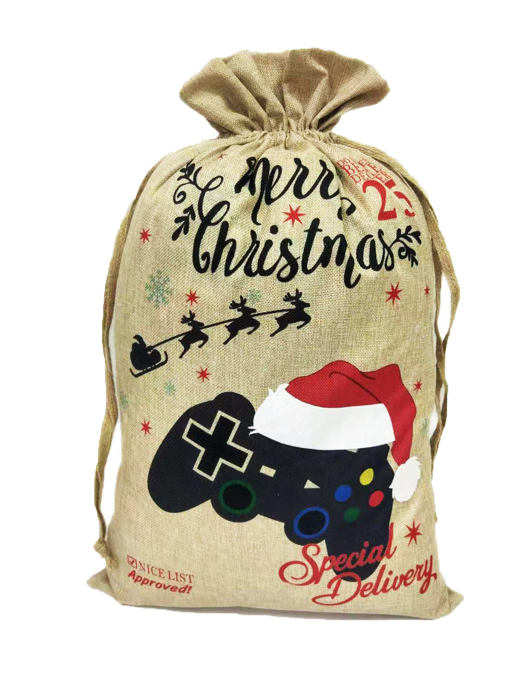 Game On! video gamer Christmas gift bag standing upright — a large burlap canvas Santa sack with an embroidered game controller in a Santa hat and the words Merry Christmas, Do Not Open Until December 25th.