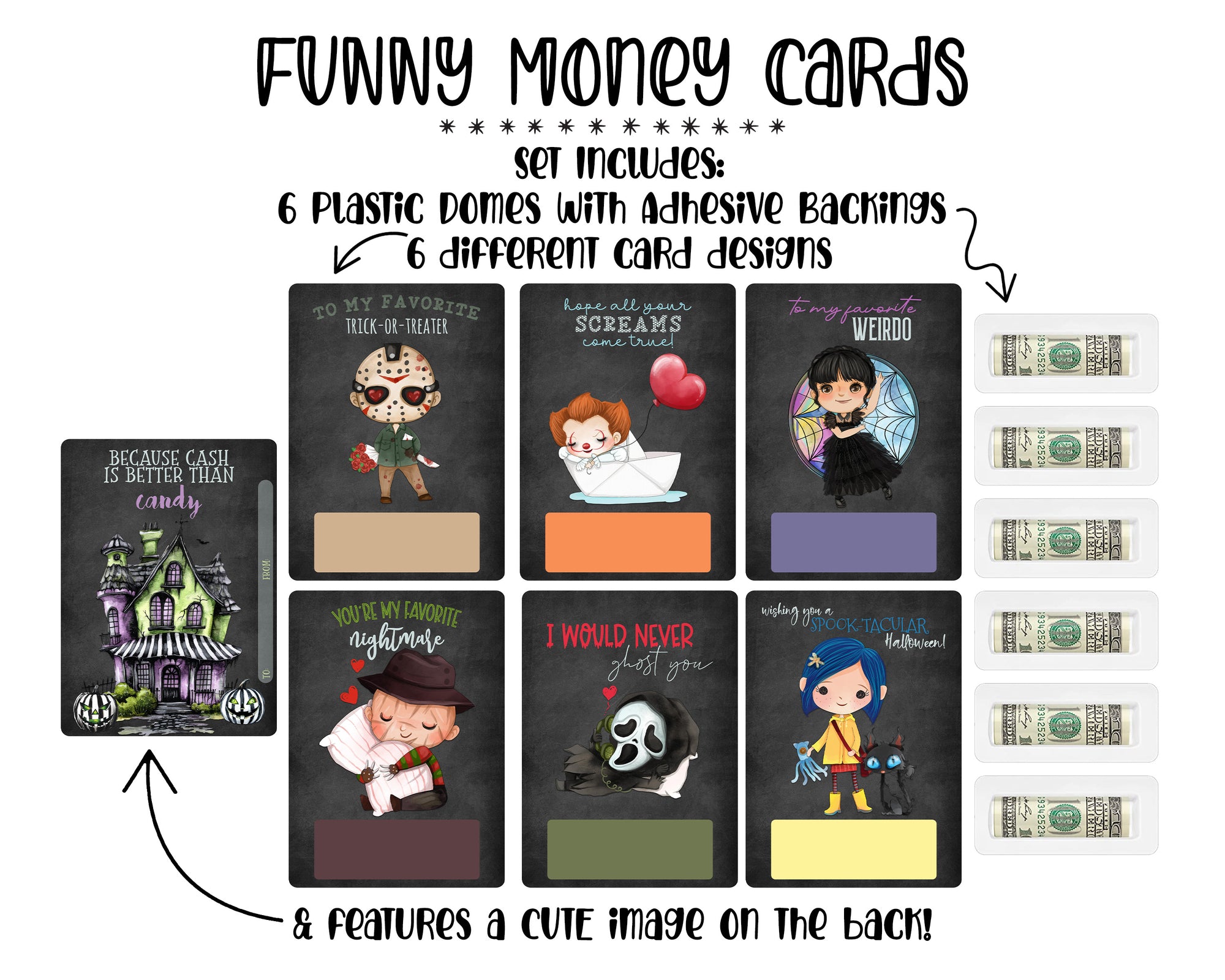 Set of Funny Money Cards with cute Horror movie character designs and holders for cash DIY gift (set of 6)