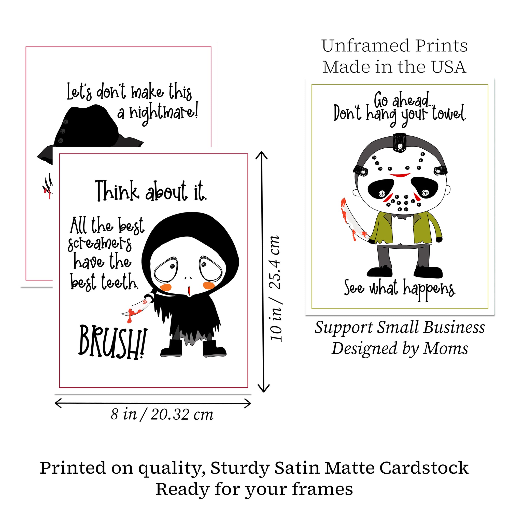 Funny Horror Movie Character Themed Bathroom Wall Art Decor (Set of 4) Prints Pictures Hanging Poster 8x10in.