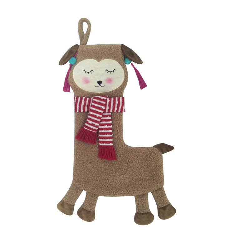 Beautiful llama Christmas stocking in soft fleece, 18 inches long, with an embroidered llama face, small earrings and a cozy knit scarf around her neck.