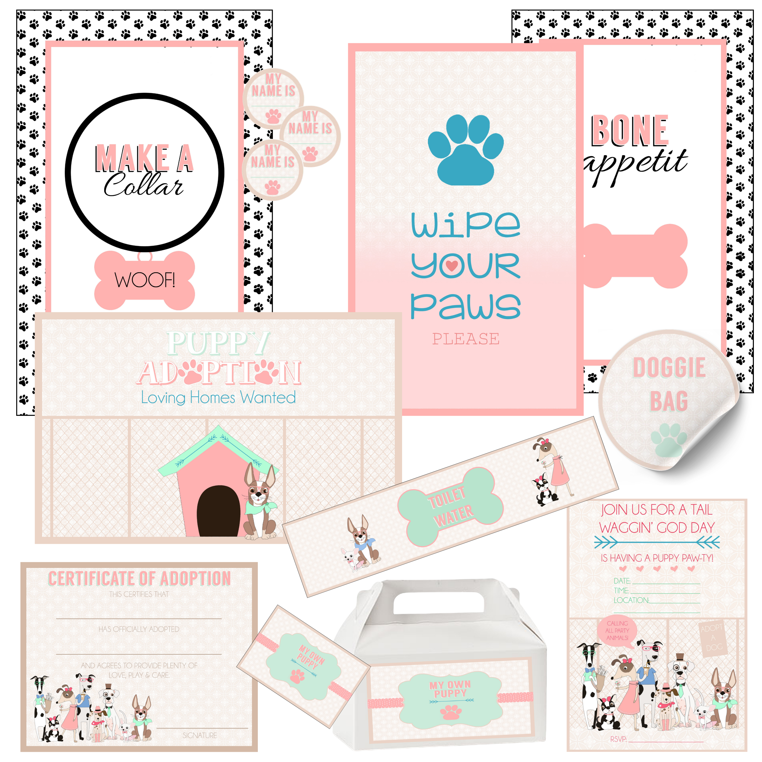 Printable pink puppy Paw-Ty party kit — adoption certificates, Doggie Bag favor labels, Toilet Water bottle wraps, My Name Is name tags, invitations and four decor posters in blush pink, cream, polka dot and mint with cartoon dogs.