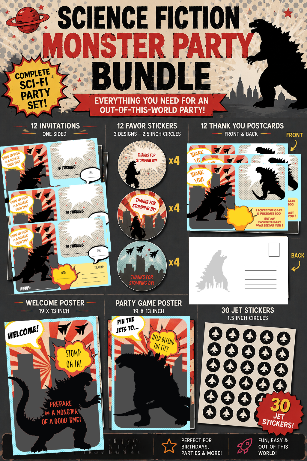 Retro monster space sci-fi party supply bundle with invitations, welcome poster, party game and favor stickers