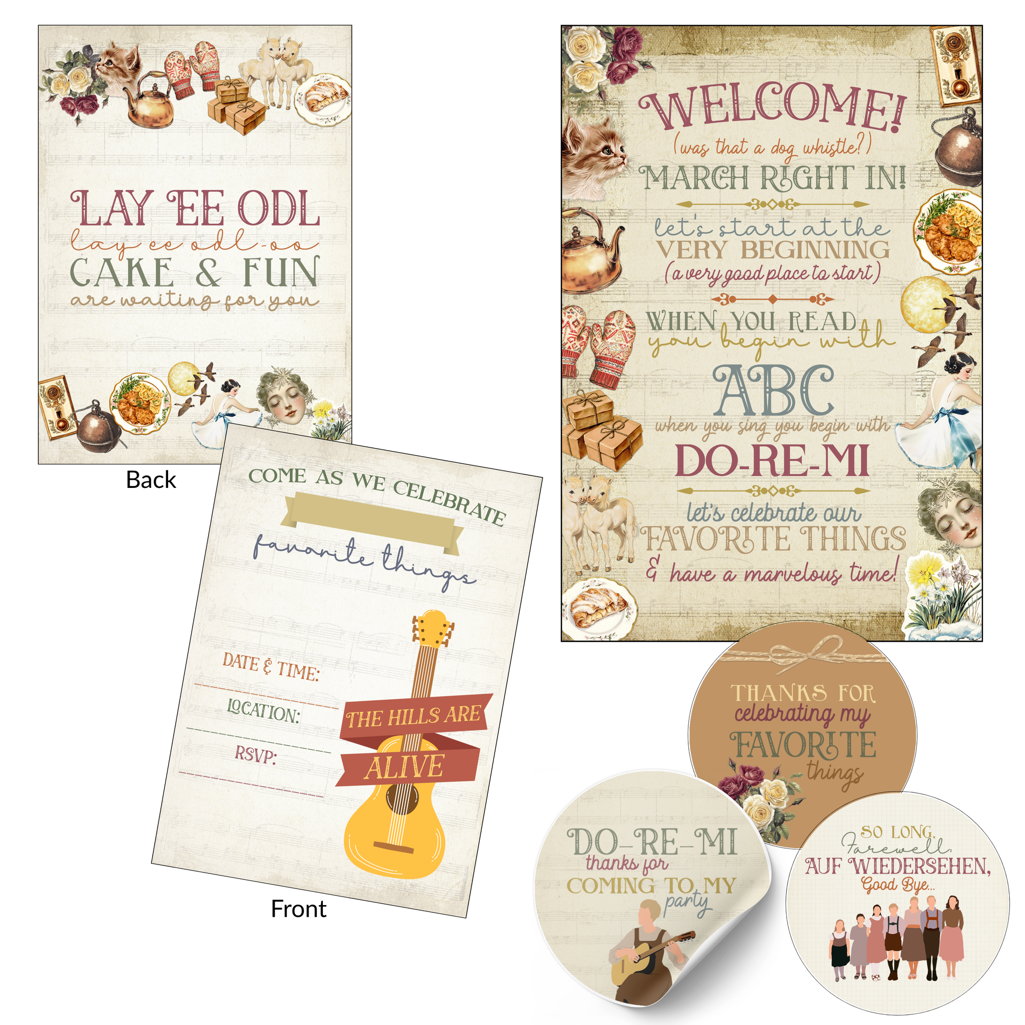 Close-up of the vintage music party set: front and back of the birthday invitation, the welcome poster, a thank-you favor sticker and a round sticker, decorated with a guitar, teapot and vintage flowers.