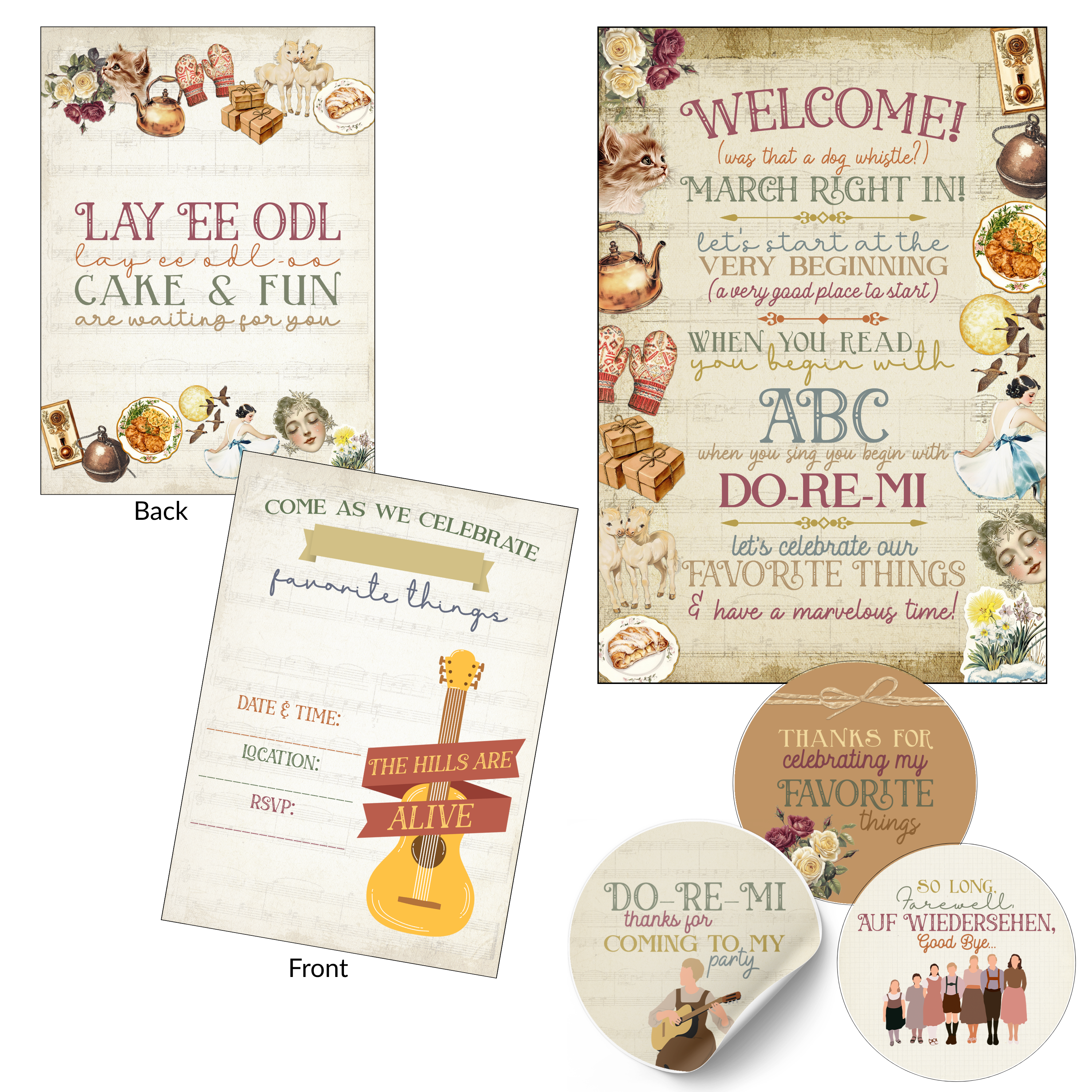 Close-up of the vintage music party set: front and back of the birthday invitation, the welcome poster, a thank-you favor sticker and a round sticker, decorated with a guitar, teapot and vintage flowers.