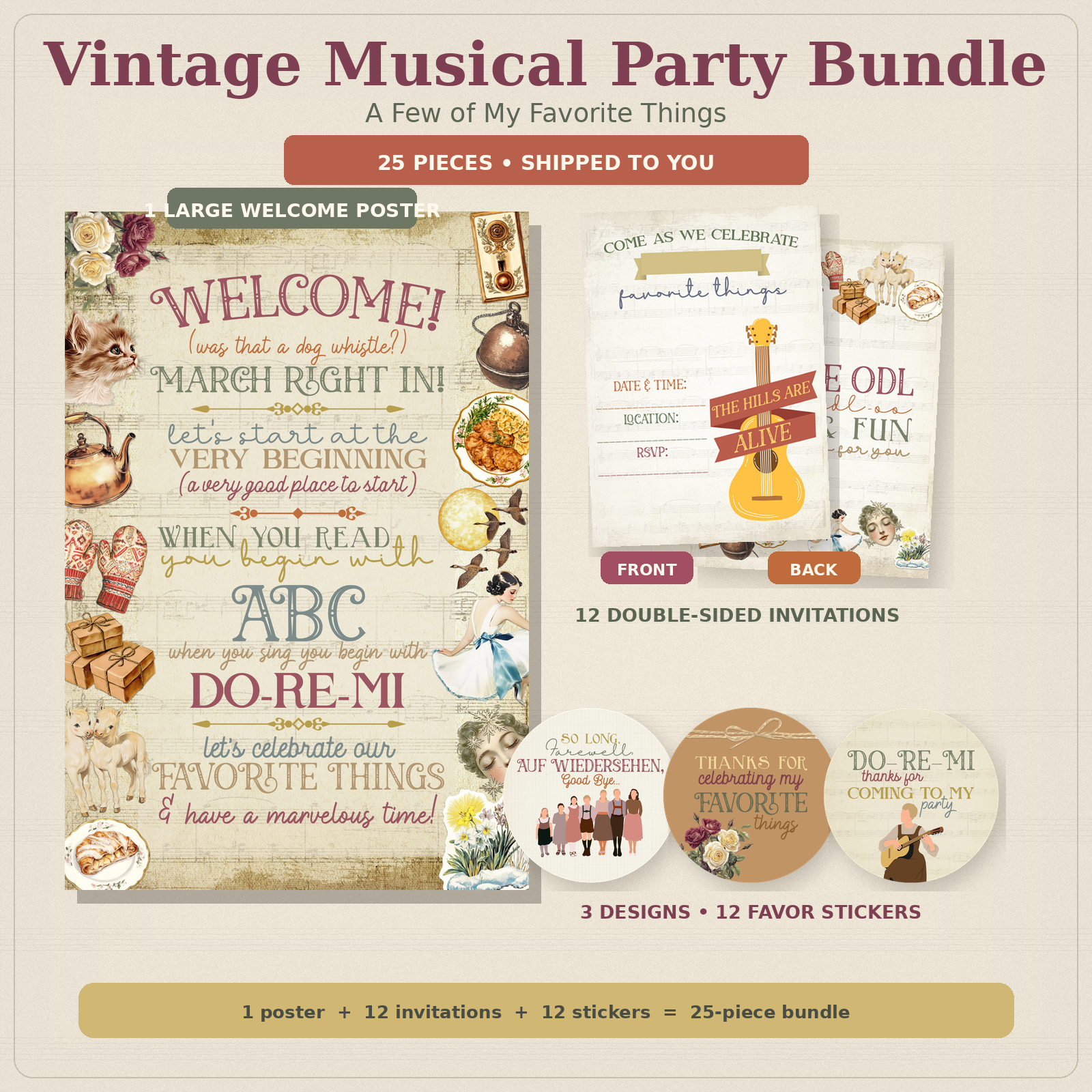 Vintage musical theater party kit laid out flat: a large welcome poster, 12 double-sided party invitations and 12 favor stickers, decorated with retro typography, guitars, violins and music notes on a warm beige background.