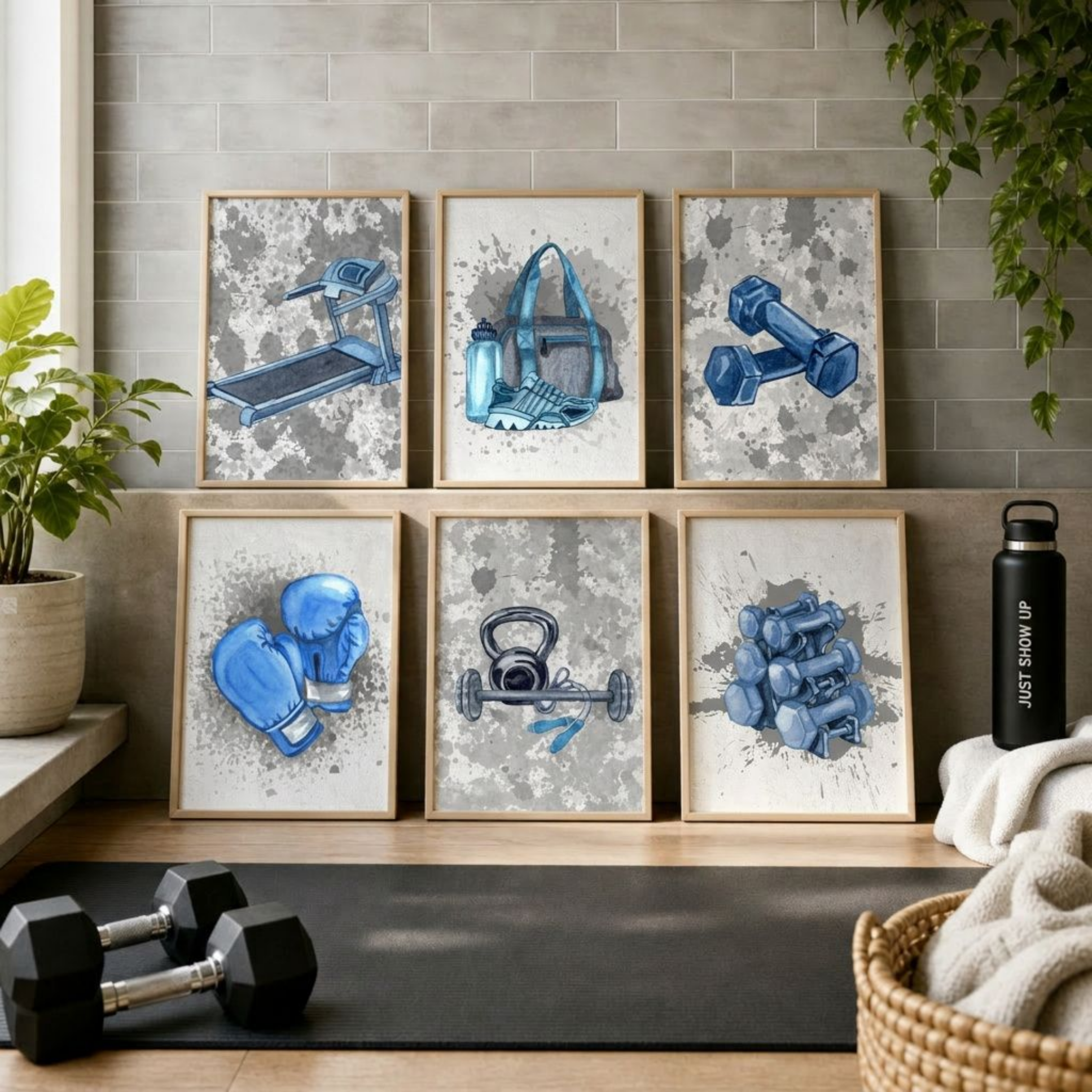 Set of framed artwork depicting gym equipment on a wall with dumbbells and a water bottle in the foreground.